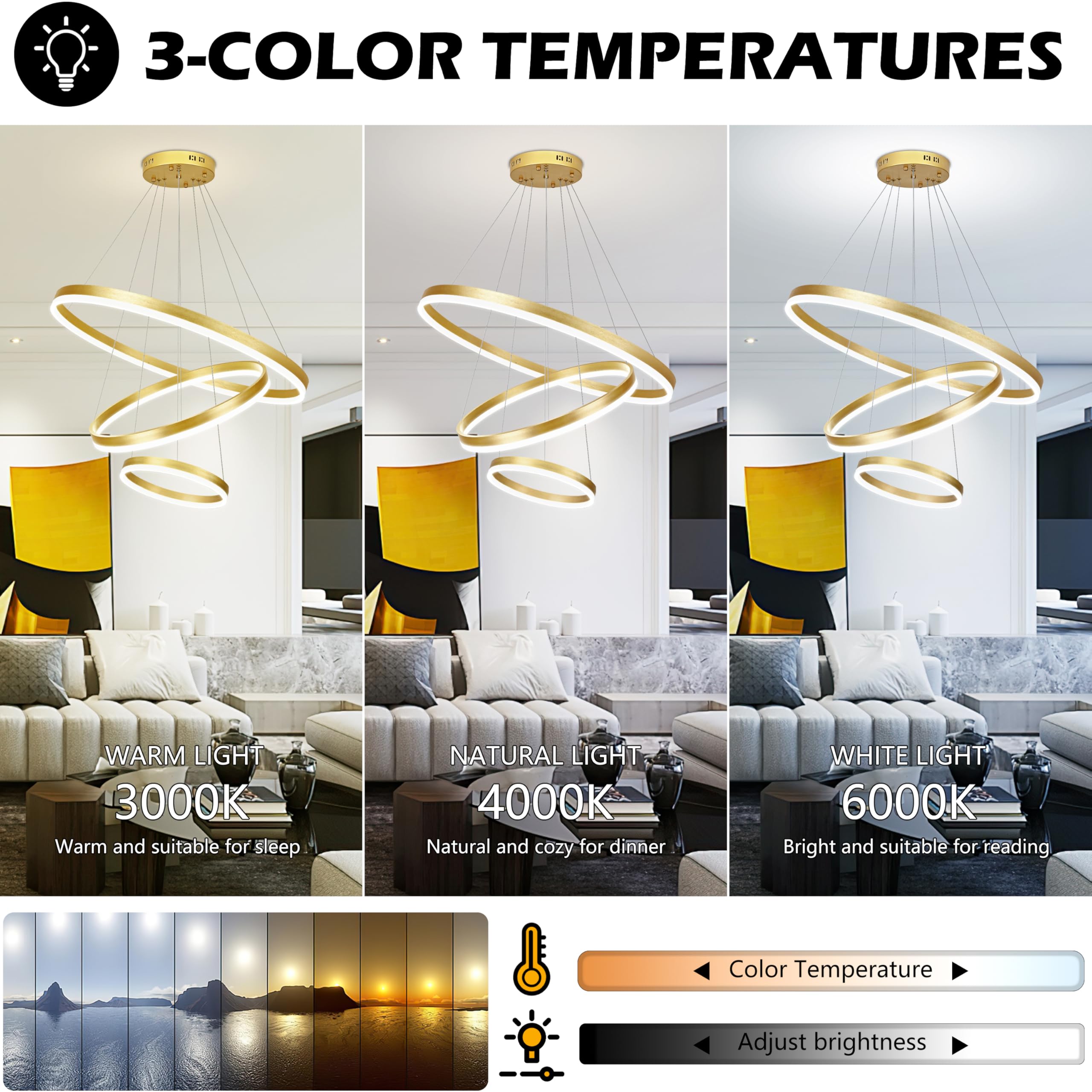 Mccokaige 31.5'' 3 Ring Modern Led Pendant Light Gold Modern Led Chandelier Contemporary Ring Chandeliers Dimmable Chandeliers C