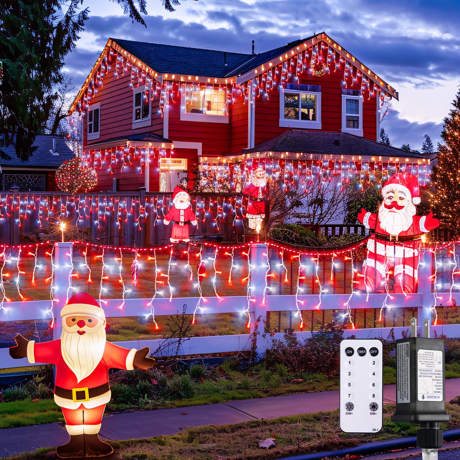 JMEXSUSS Icicle Christmas Lights, 400 LED, 38.8 Ft, 8 Modes, Red and White, Indoor/Outdoor, Model EXS-I-0400