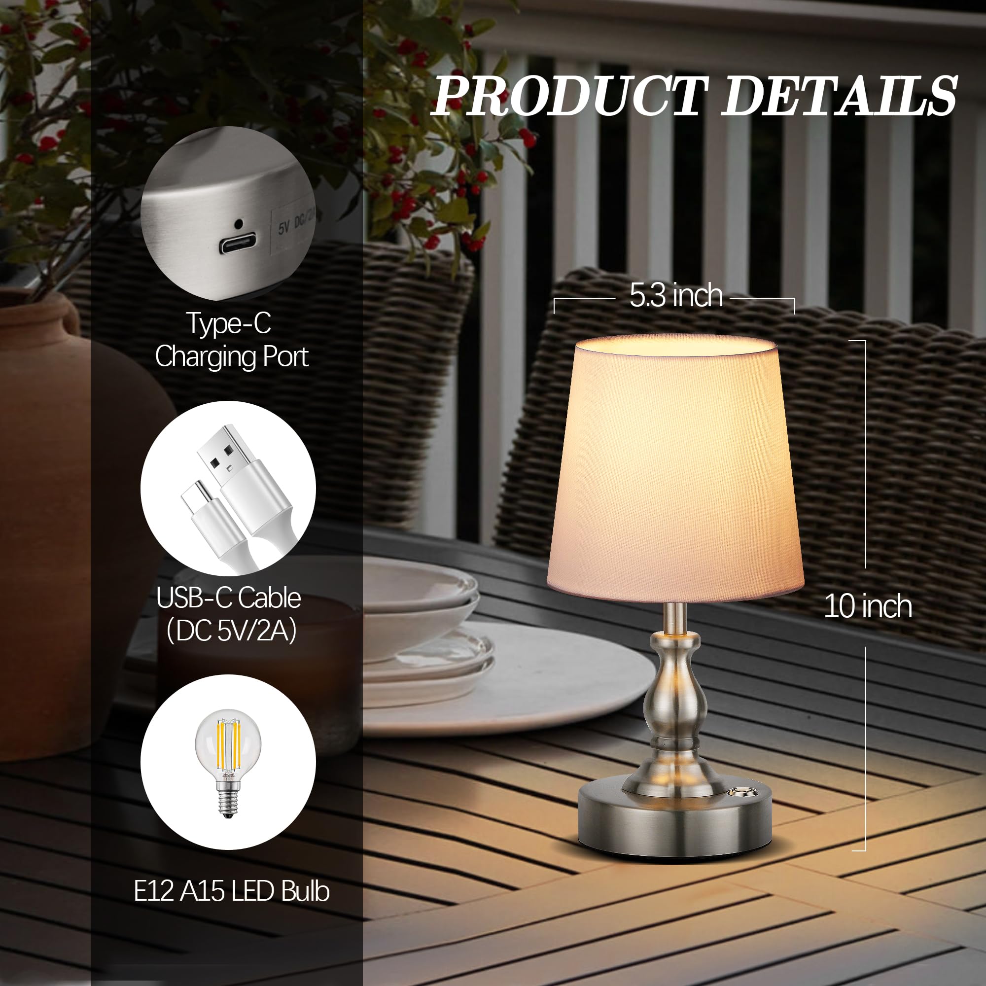 PARTPHONER Mini Cordless LED Table Lamp, 5200mAh Rechargeable, 3-Level Brightness, Touch Dimmable, Brushed Nickel, Model STR-LP-TL001