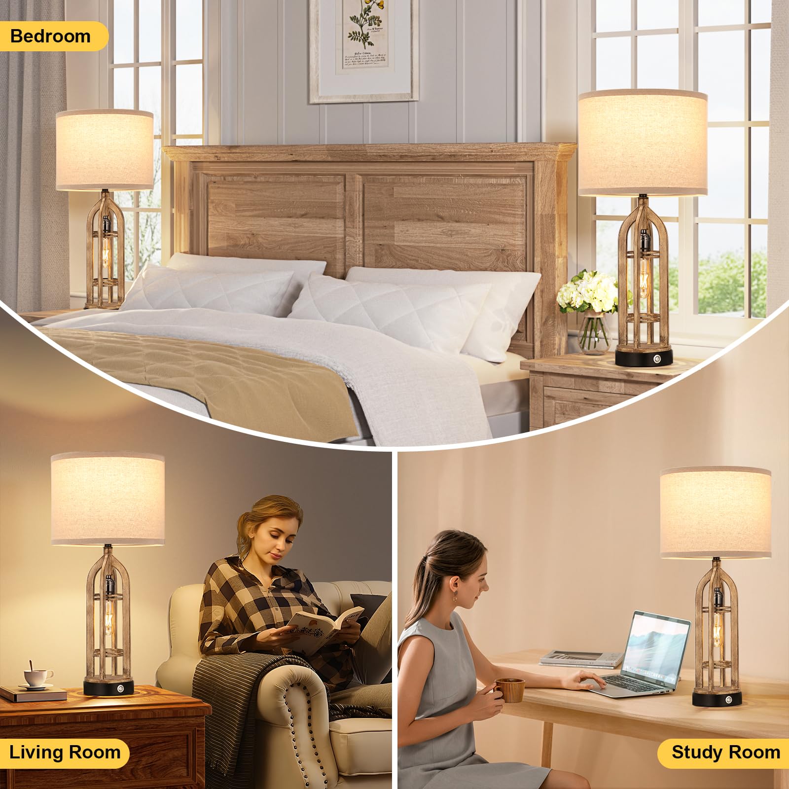 Seealle Table Lamp Set of 2 - 3-Way Dimmable Touch Lamps, D. Oat Shade & Wood-like Body, Model 09164, Farmhouse Design for Living Room