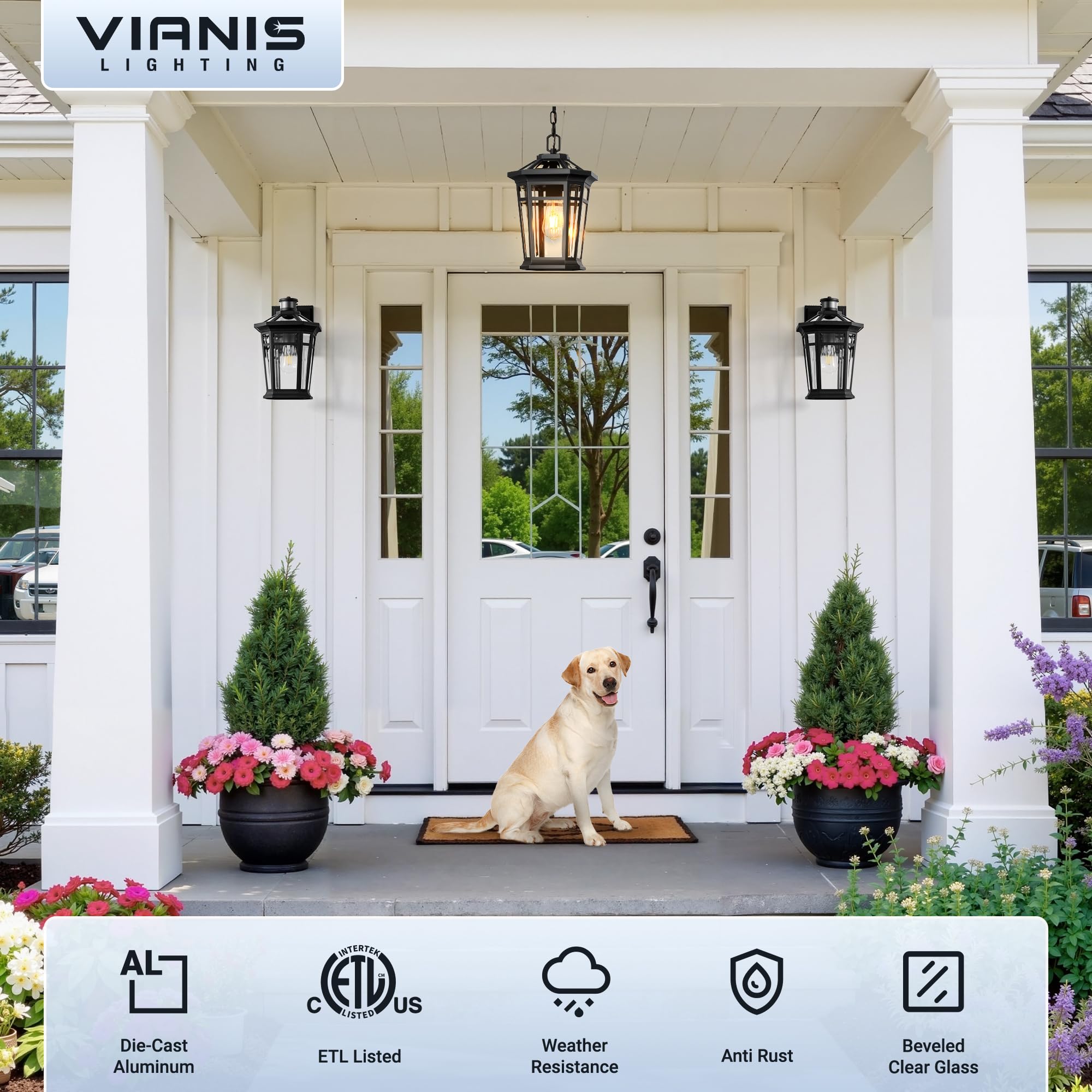 Vianis Large Outdoor Pendant Lights For Porch  Black Hanging Light Fixture  100% Aluminum Waterproof Anti-Rust Ceiling Lighting For House  Outside Hanging Lantern For Porch  Garden  Garage  1-Light