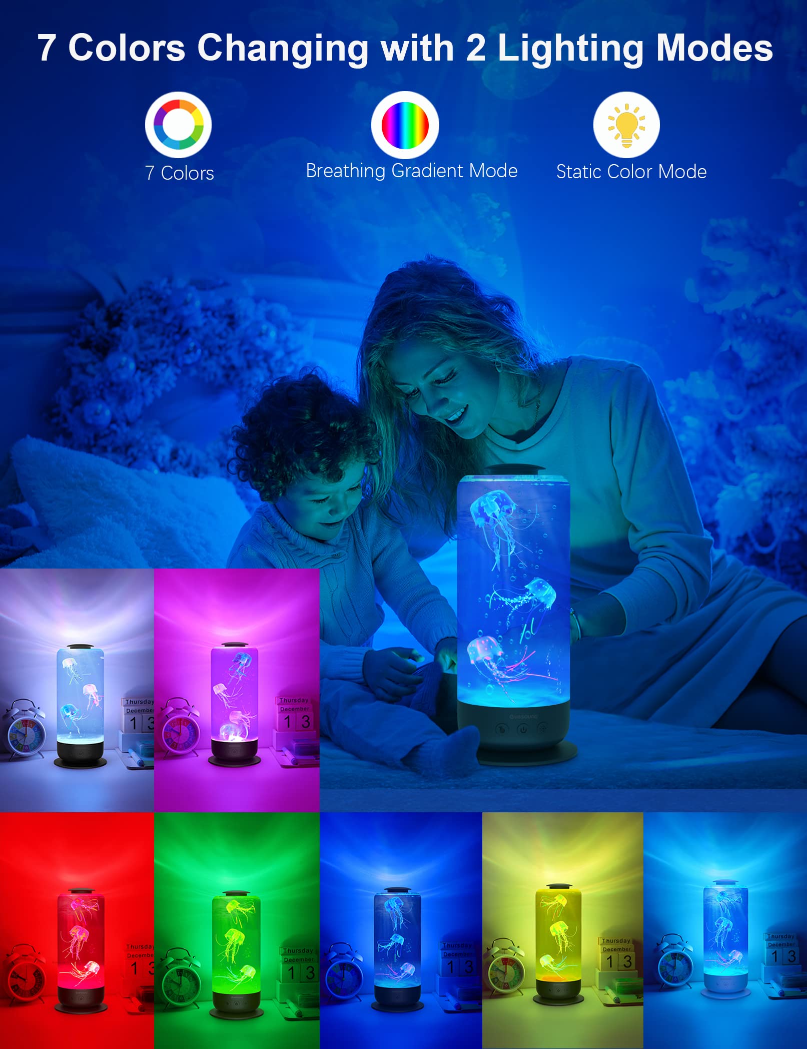 Eyesound Jellyfish Lamp - 7 Color LED Mood Light, 12.5x28cm, White, Model Y17, 2 Lighting Modes for Relaxation and Sleep