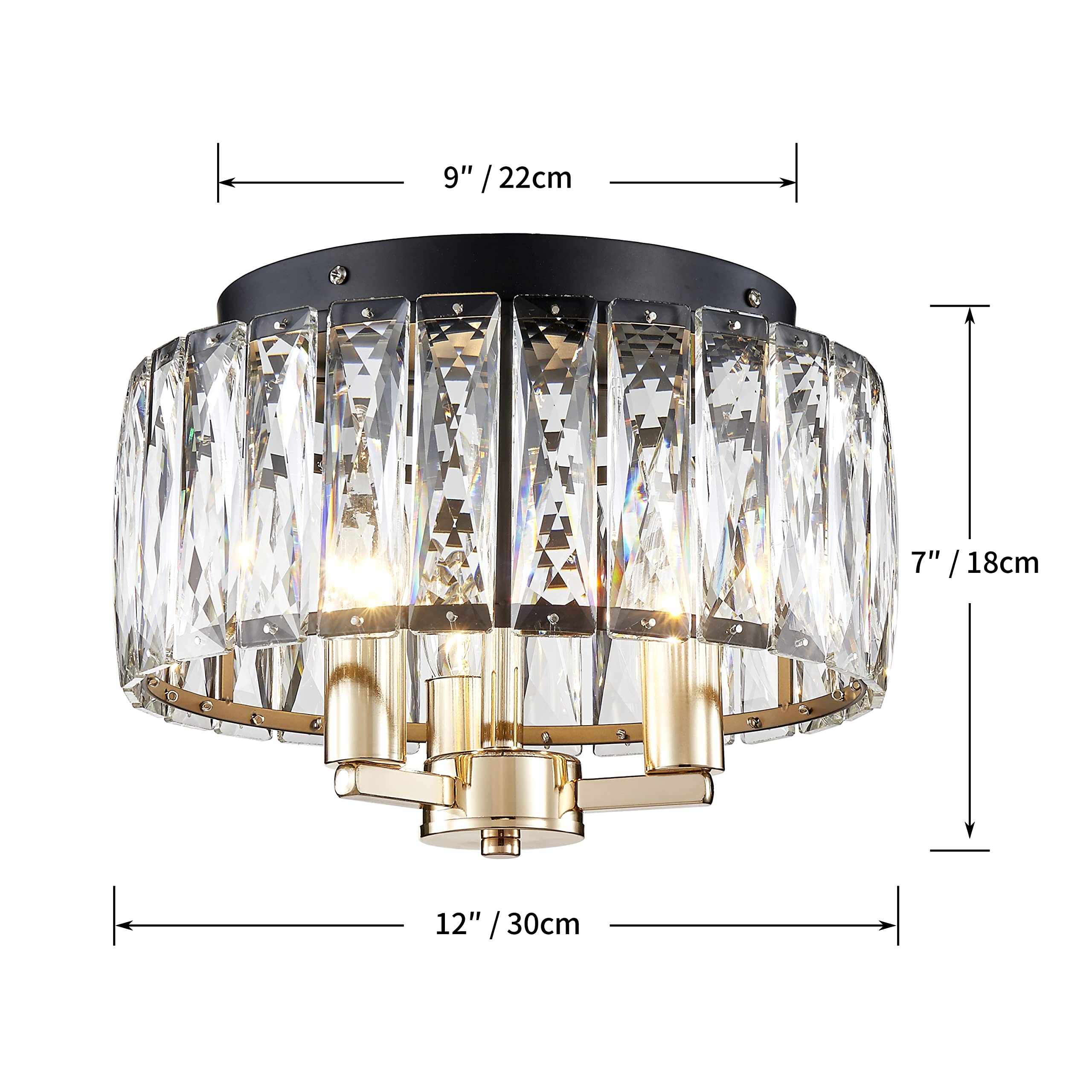 Agv Lighting Cl002Bb Crystal Flush Mount Ceiling Light Fixture, E12 Base 3-Lights, D13 X H15, Shine Gold & Matte Black Finish