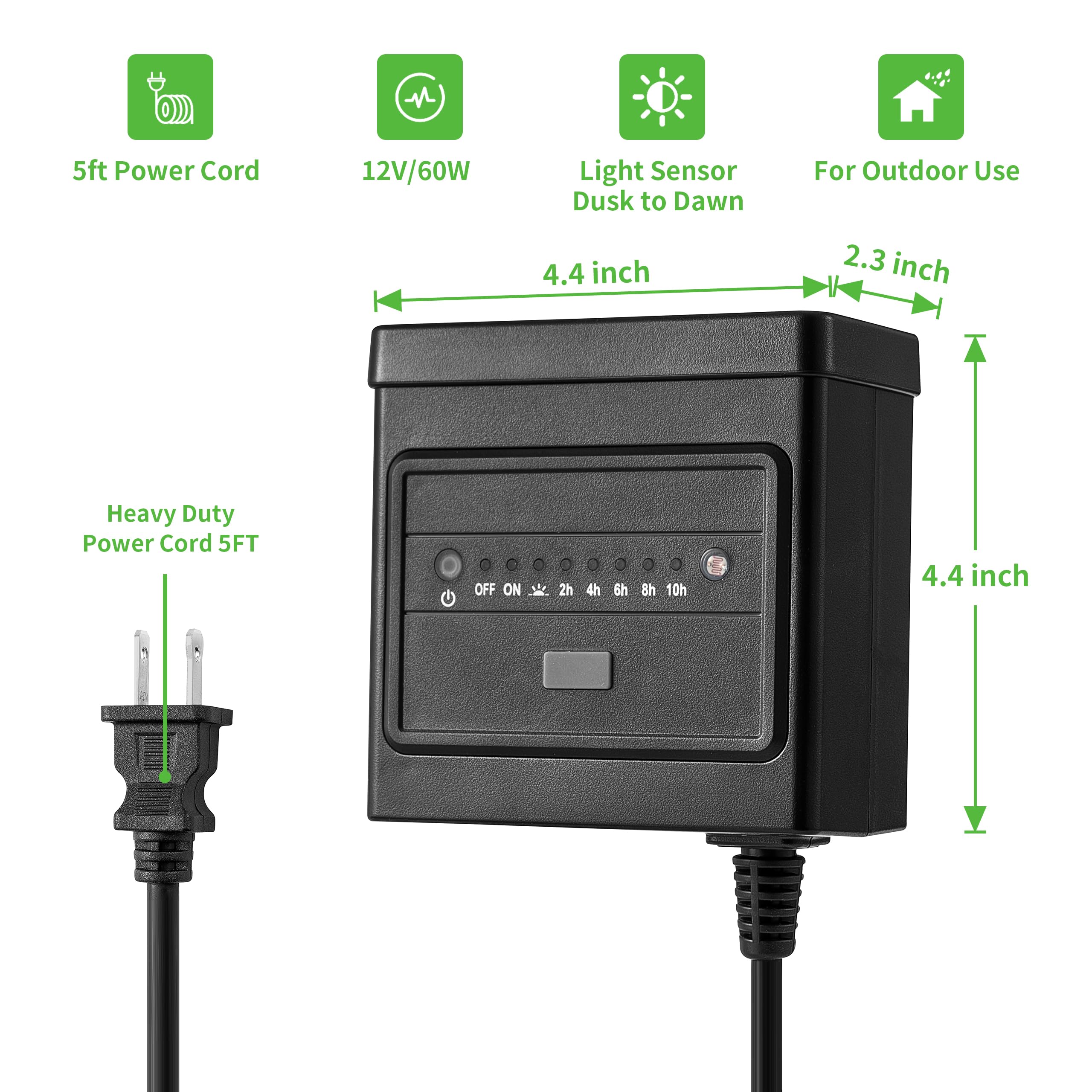 QITIM 60W Low Voltage Landscape Transformer with Timer and Photocell Sensor, 120V AC to 12V DC, Dusk to Dawn and 2/4/6/8/10 Coun