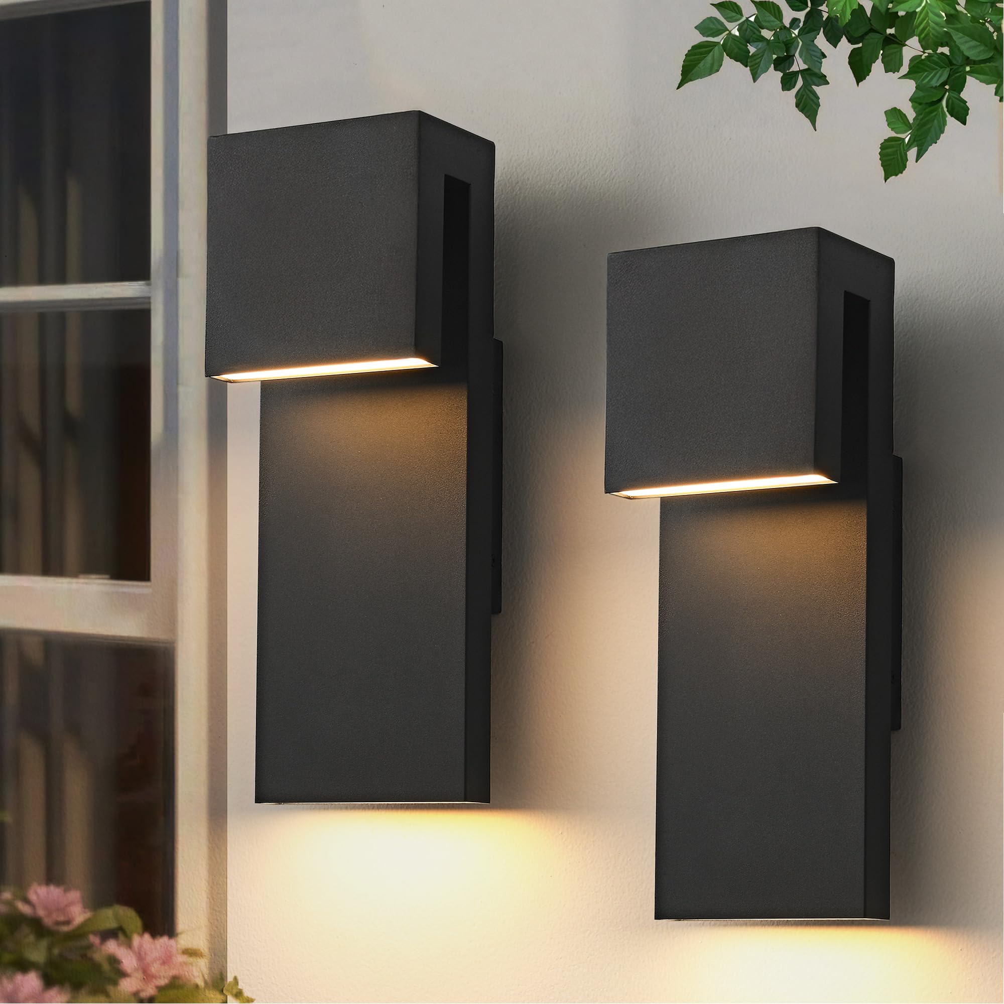 Modern LED Outdoor Wall Light 3000K 18W IP65 Waterproof Integrated LED Outdoor Wall Sconce Anti Rust Black Porch Lights Exterior Lighting Outside Lights Fixture for Garage Balcony Backyard 2PACK