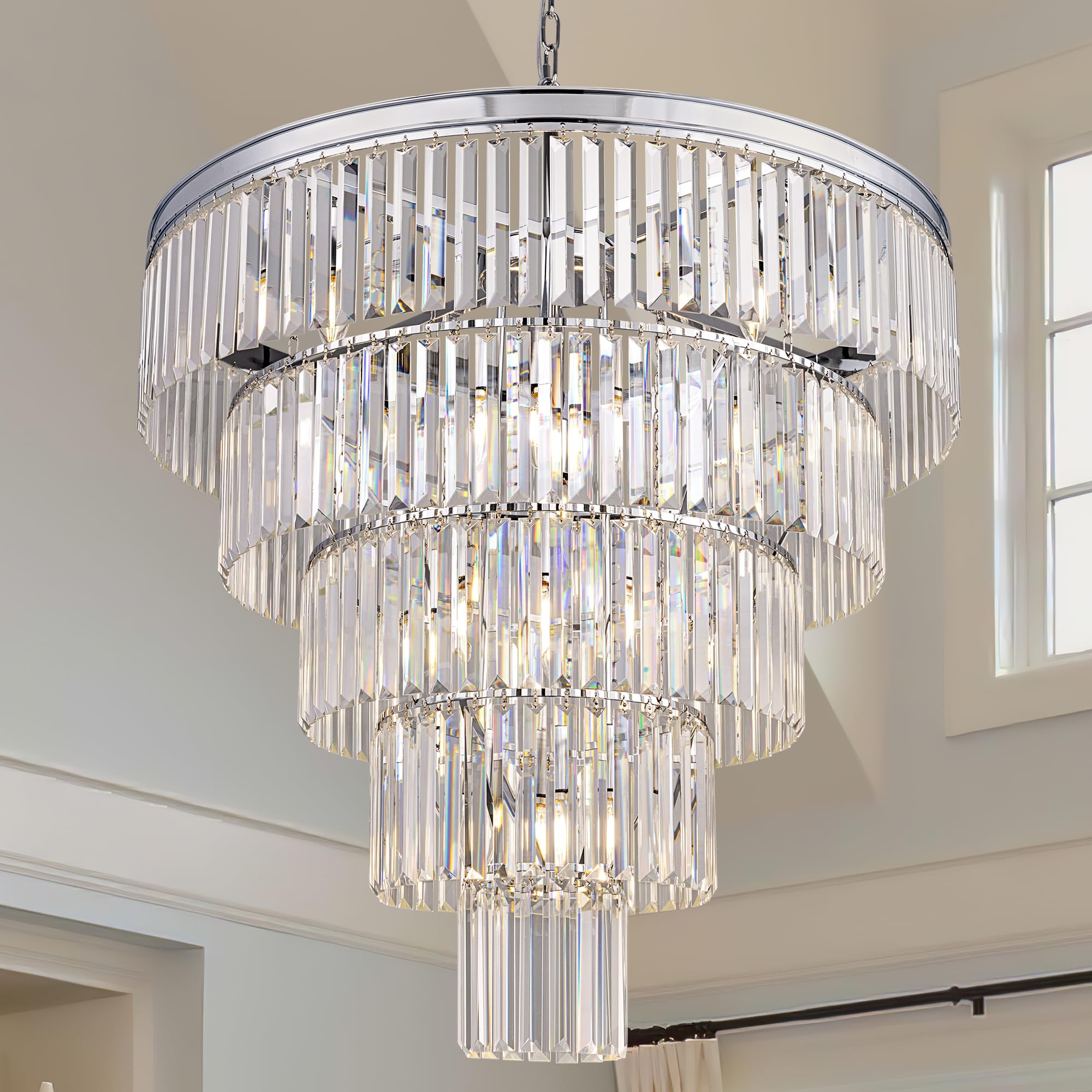 TOCHIC 10 Light Large Crystal Chandelier 31.5 inch, 5-Tier Contemporary Modern Chrome Crystal Chandeliers, Raindrop K9 Round Cei