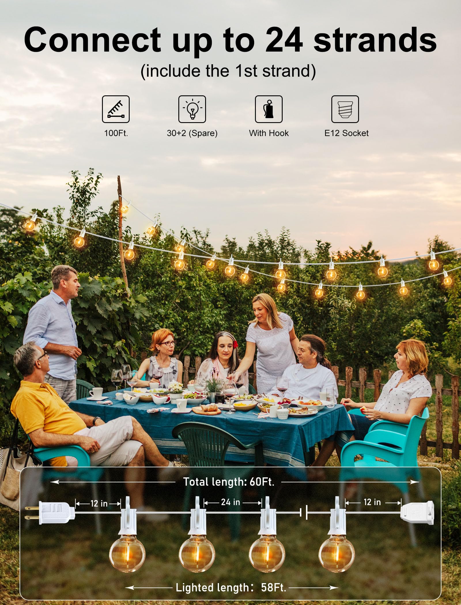 Brightown 60 Feet Led Outdoor String Lights With Shatterproof G40 Edison Bulbs, Connectable And Weatherproof Strand, Commercial