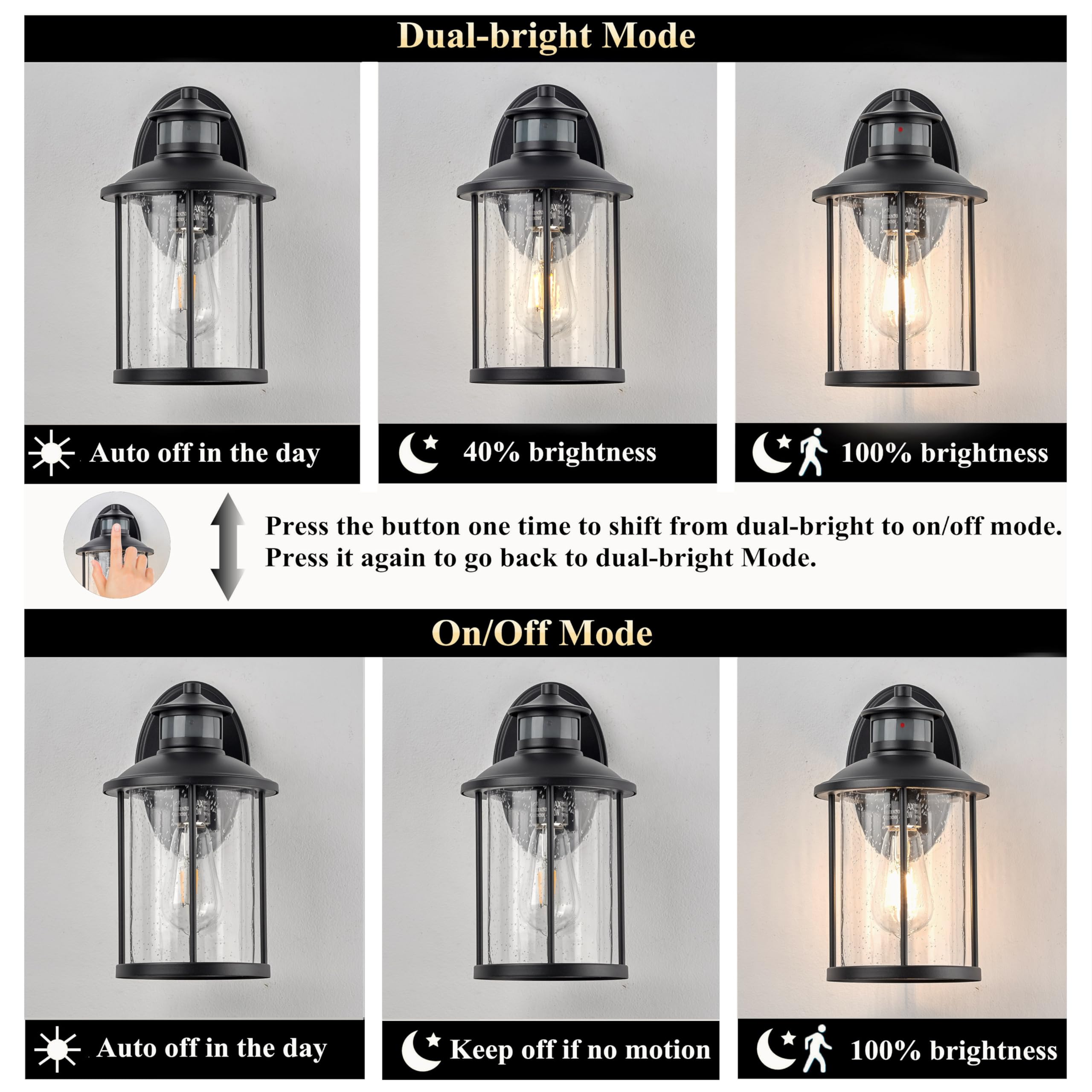 MICSIU Motion Sensor Outdoor Wall Light Fixture, 11.5 Inch, Dusk to Dawn, Matte Black, Clear Seedy Glass, Model 700138