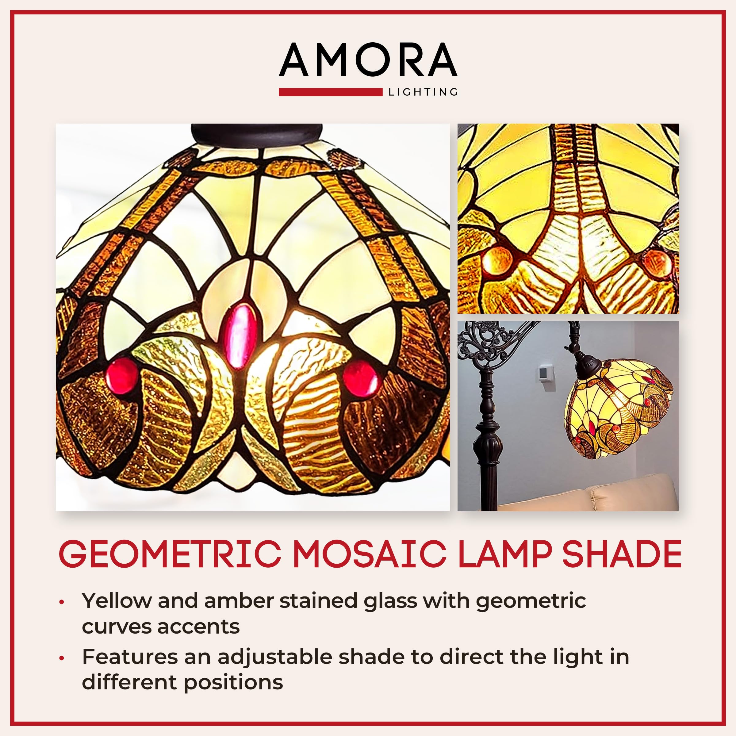 Amora Tiffany Style Floor Lamp, 62" Tall Vintage Stained Glass, Multicolored, Model AM344FL12 for Living Room & Bedroom Decor