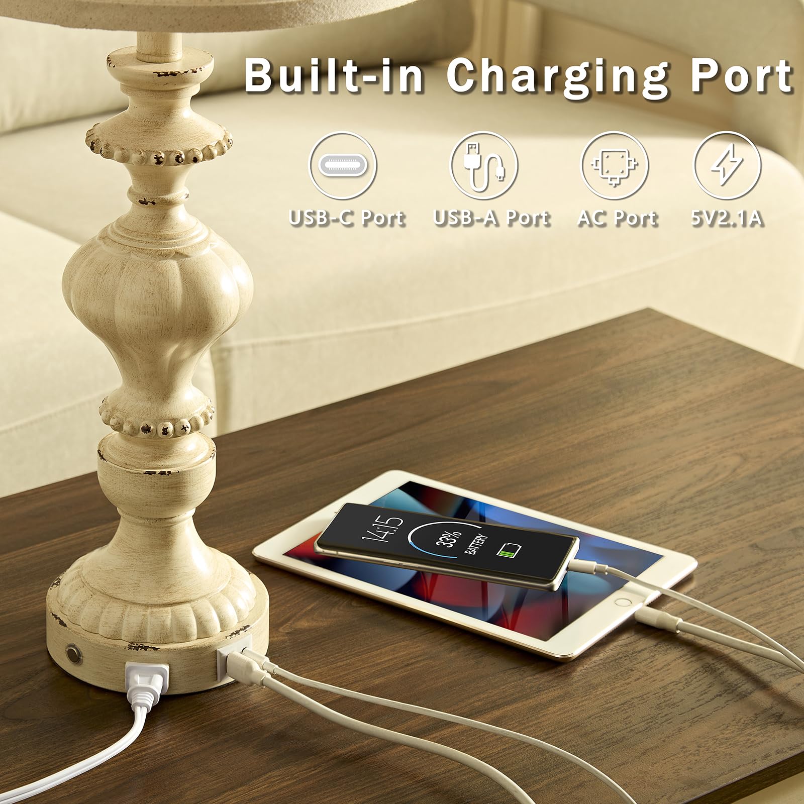 SAIWEYA 27.5" Farmhouse Touch Table Lamps Set of 2, USB C+A Ports, 3-Way Dimmable, White Washed, Medium Size
