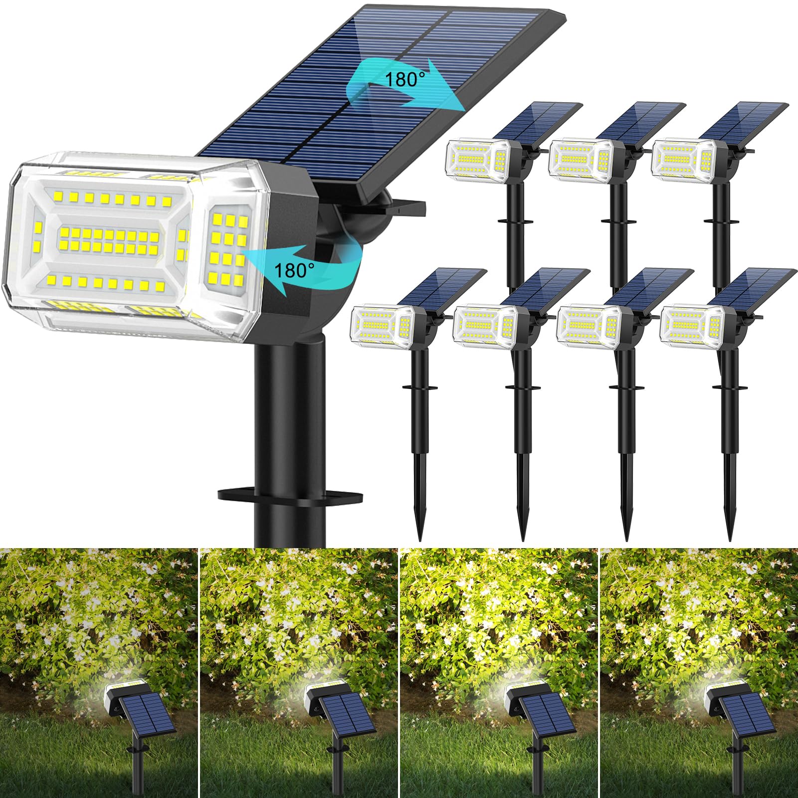 Kipeini Solar Spot Lights Outdoor, 8 Pack, IP65 Waterproof, 4 Modes, Adjustable Panel, Cool White