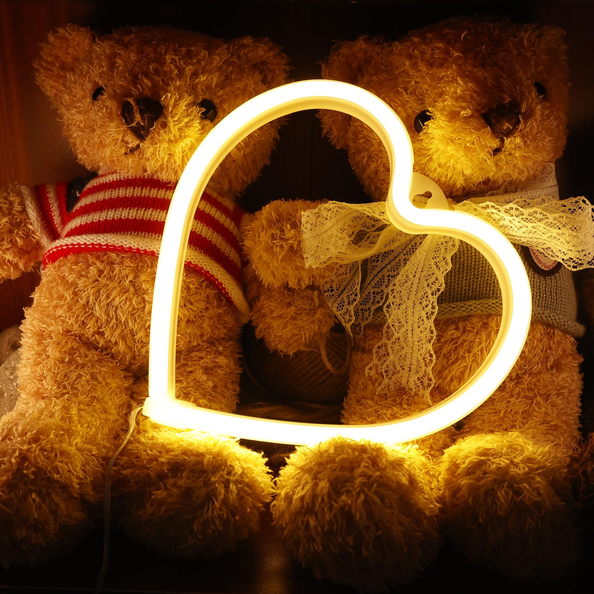 Love Heart Neon Sign Light,LED Neon Lamp with Warm Yellow Light Color Powered by USB Cable Sign Neon Night Light for Room Wall H