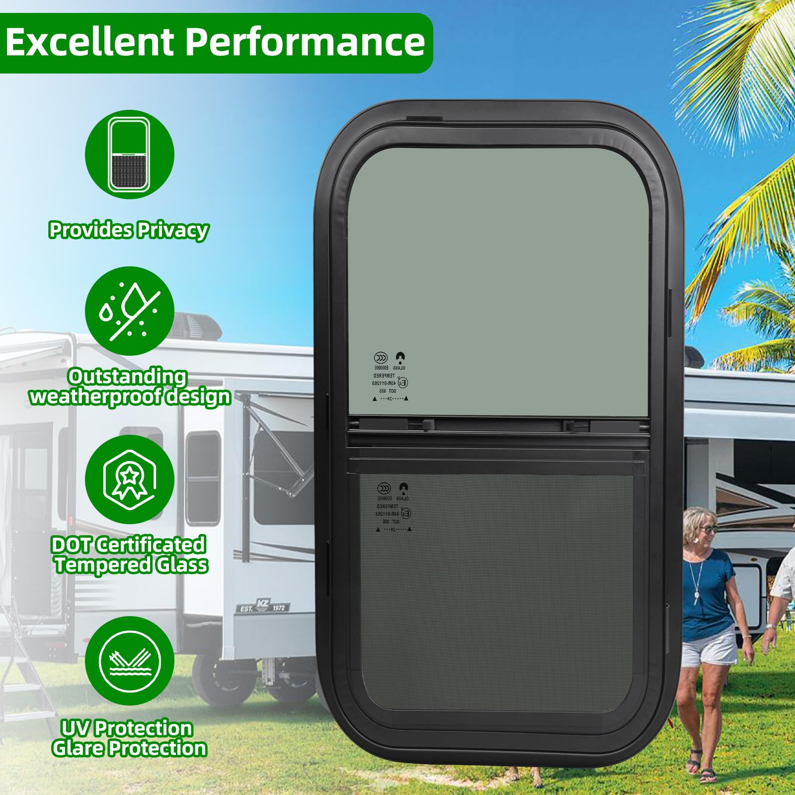 NOVINO RV Camper Windows, Vertical Sliding Replacement, 12inW x 24inH, Tempered Glass, Black, Model NRW-003