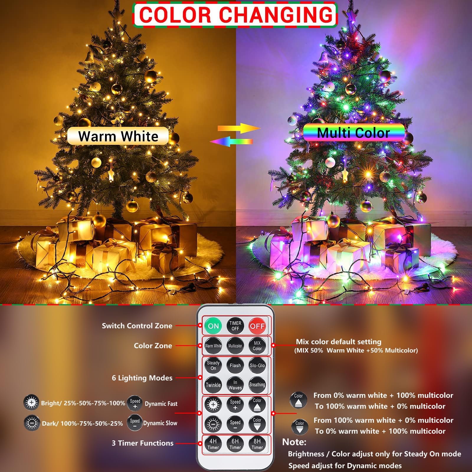 Joomer Color Changing Christmas Lights, 66Ft 200 Led String Lights With Remote Timer Dimmable Connectable Fairy String Outdoor Waterproof For Christmas Decoration (Warm White To Multicolor)