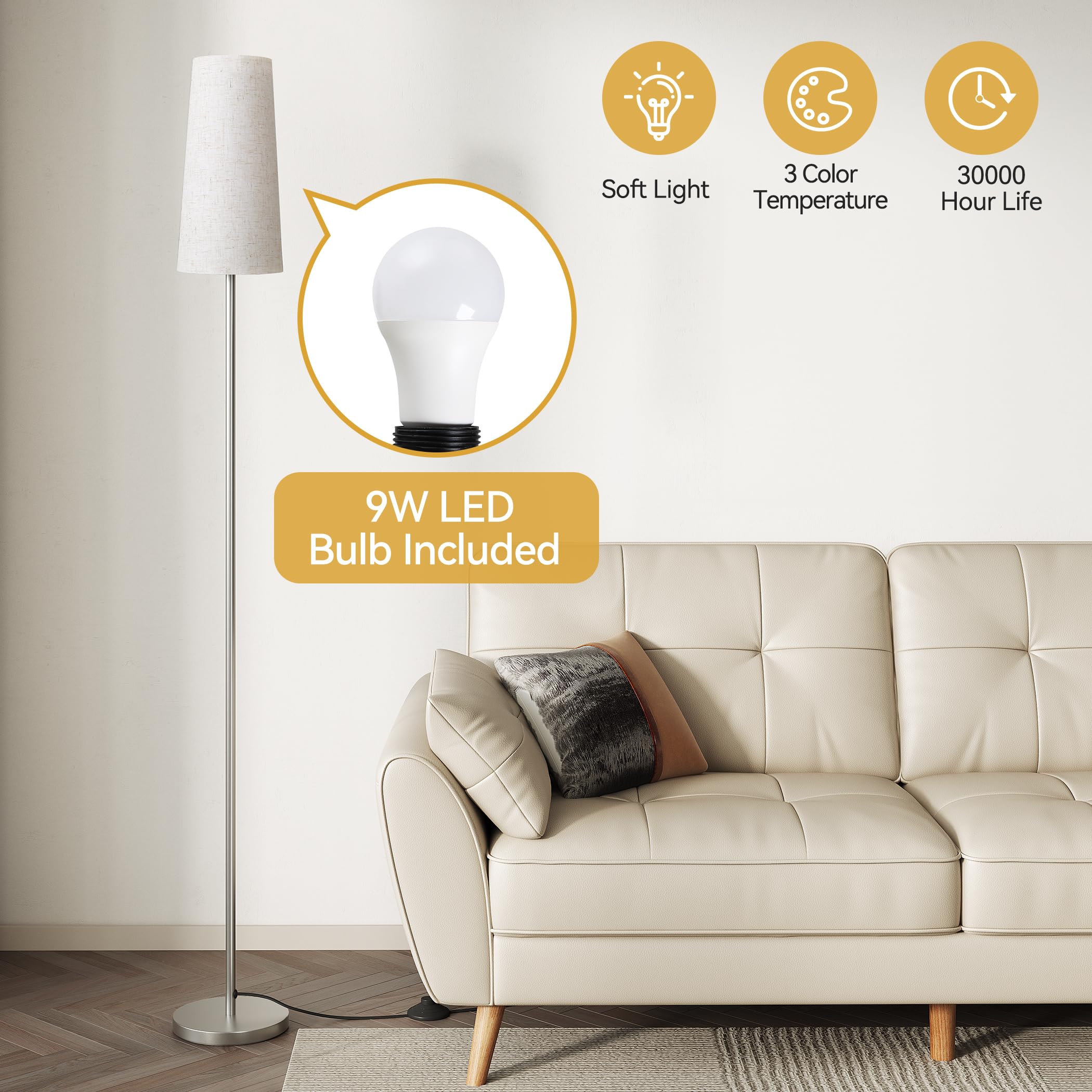 SUNMORY Floor Lamp with LED Bulb, 3 Color Temperatures, Nickel Plated, Iron Material, Ideal for Living Room/Bedroom/Office Decor