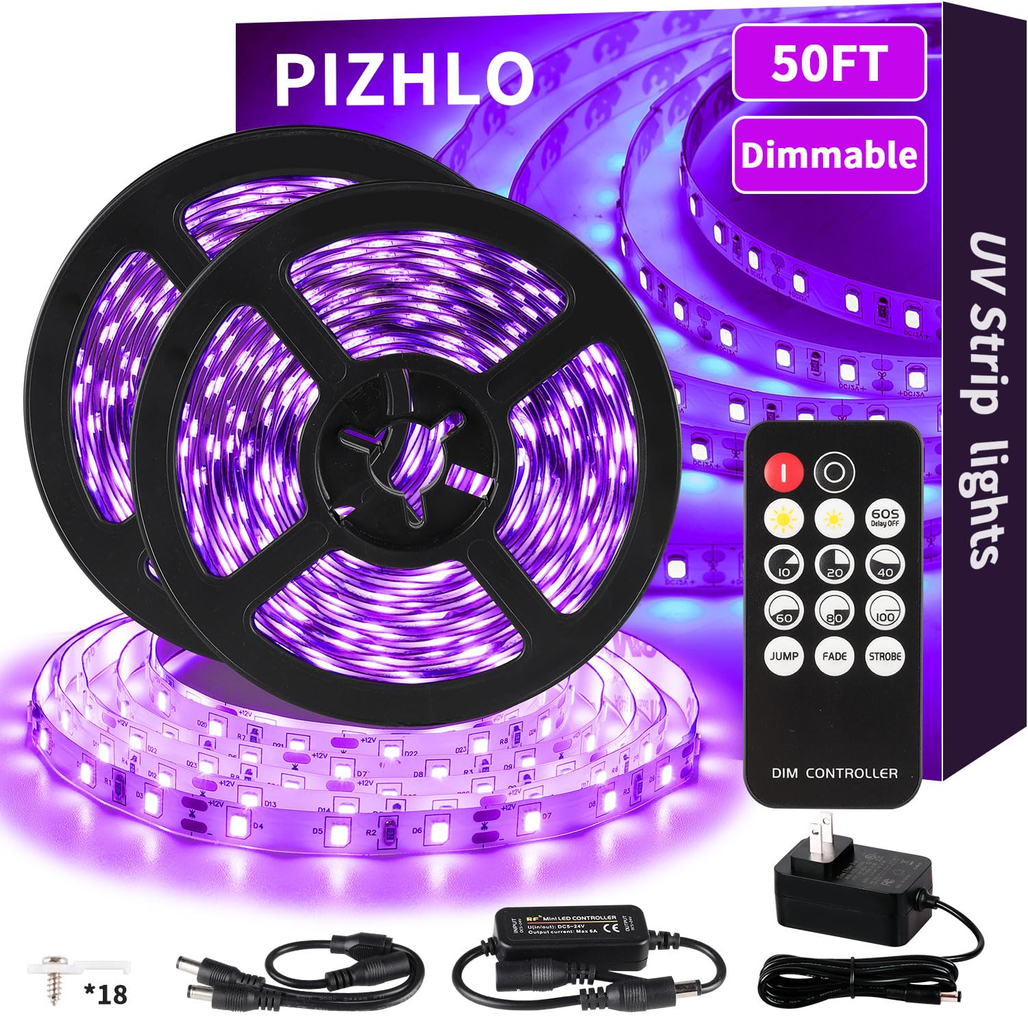 PIZHLO 50 Foot Black Light Strips & Remote, 900 LEDs Dimmable Flexible Blackights Strip Lights for Glow Party Body Paint Birthda