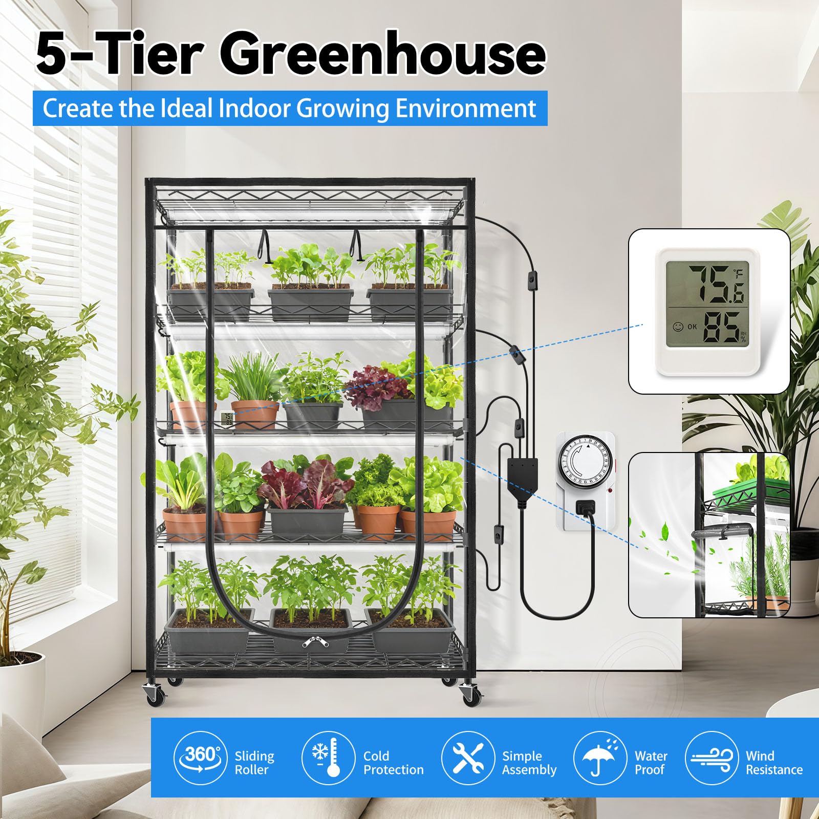 JESLED Indoor Greenhouse with Grow Light, 3FT, Full Spectrum 5000K, Rolling Metal Stand, 35.4x13.8x70IN, Black, Model JD