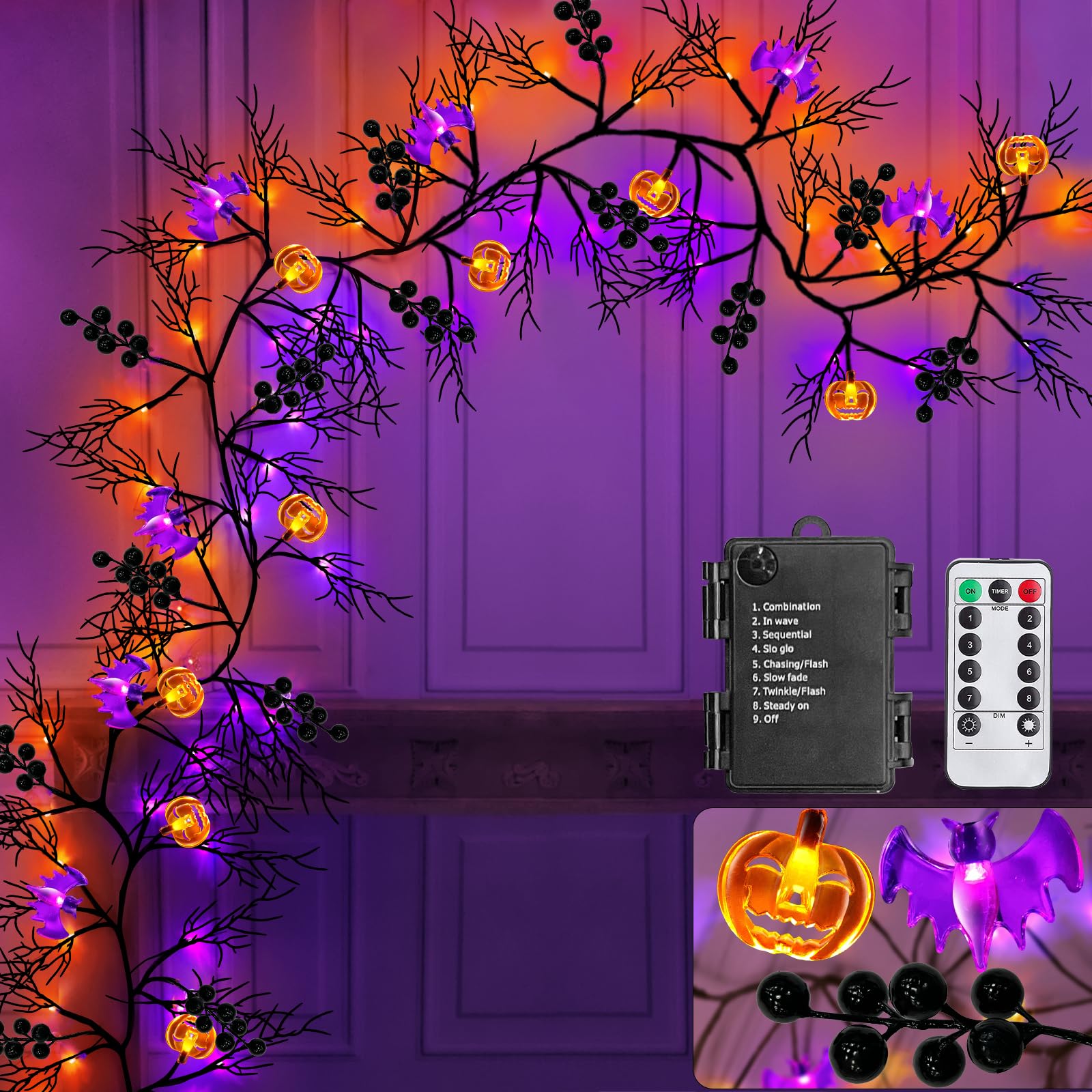 TURNMEON Remote Control Extra Long 9 Ft 72 LED Orange Purple Lights Halloween Willow Twig Decor Halloween Garland Timer 8 Modes 