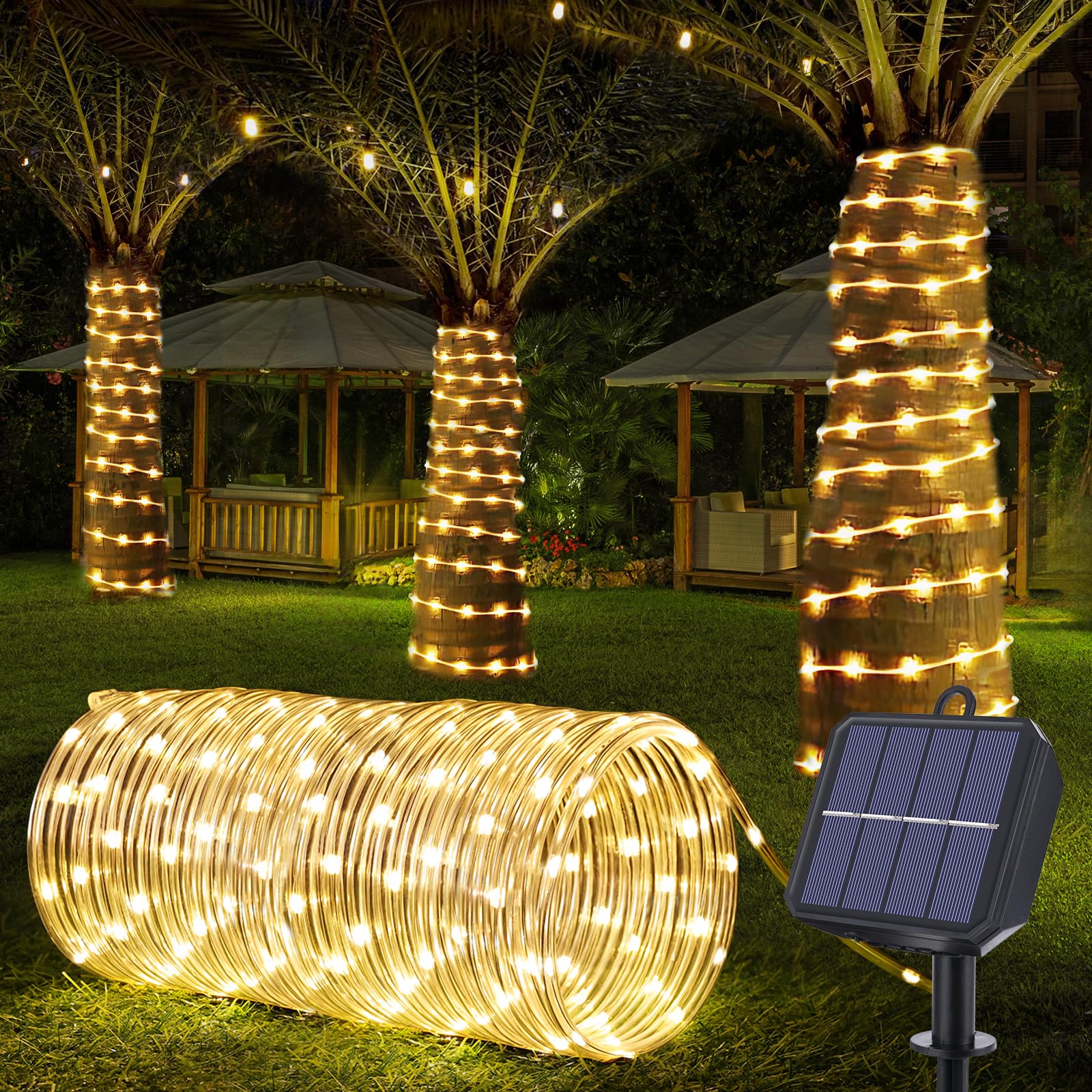 Jnaurb Solar Rope Lights, 33ft 100LED Waterproof Outdoor String Lights, 8 Modes, Warm White for Garden, Patio, Deck, and Pool Decor