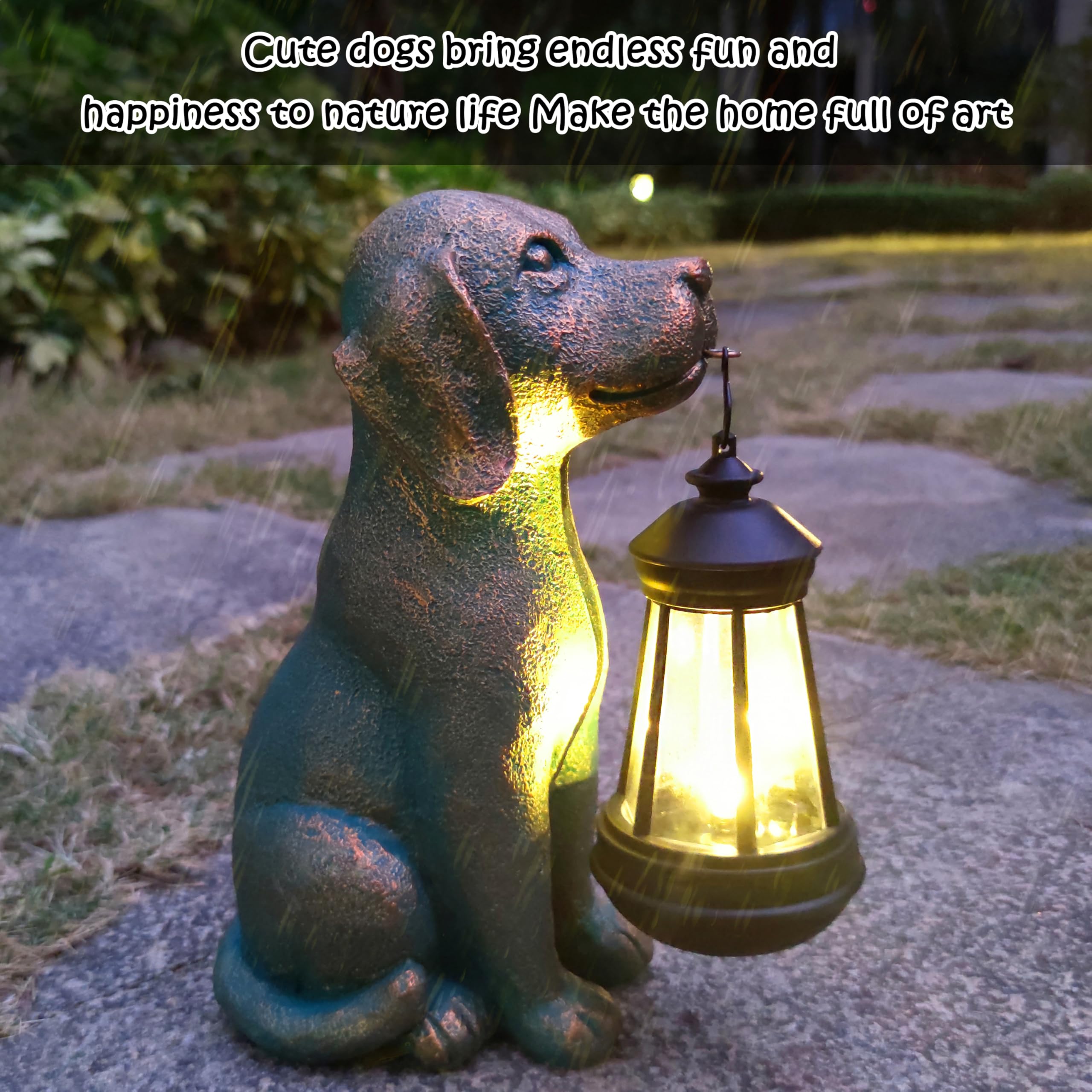 JOYBEE Dog Garden Statues with Solar Lantern - Bronze Outdoor Decor, Model jy0110 for Patio & Lawn Ornaments