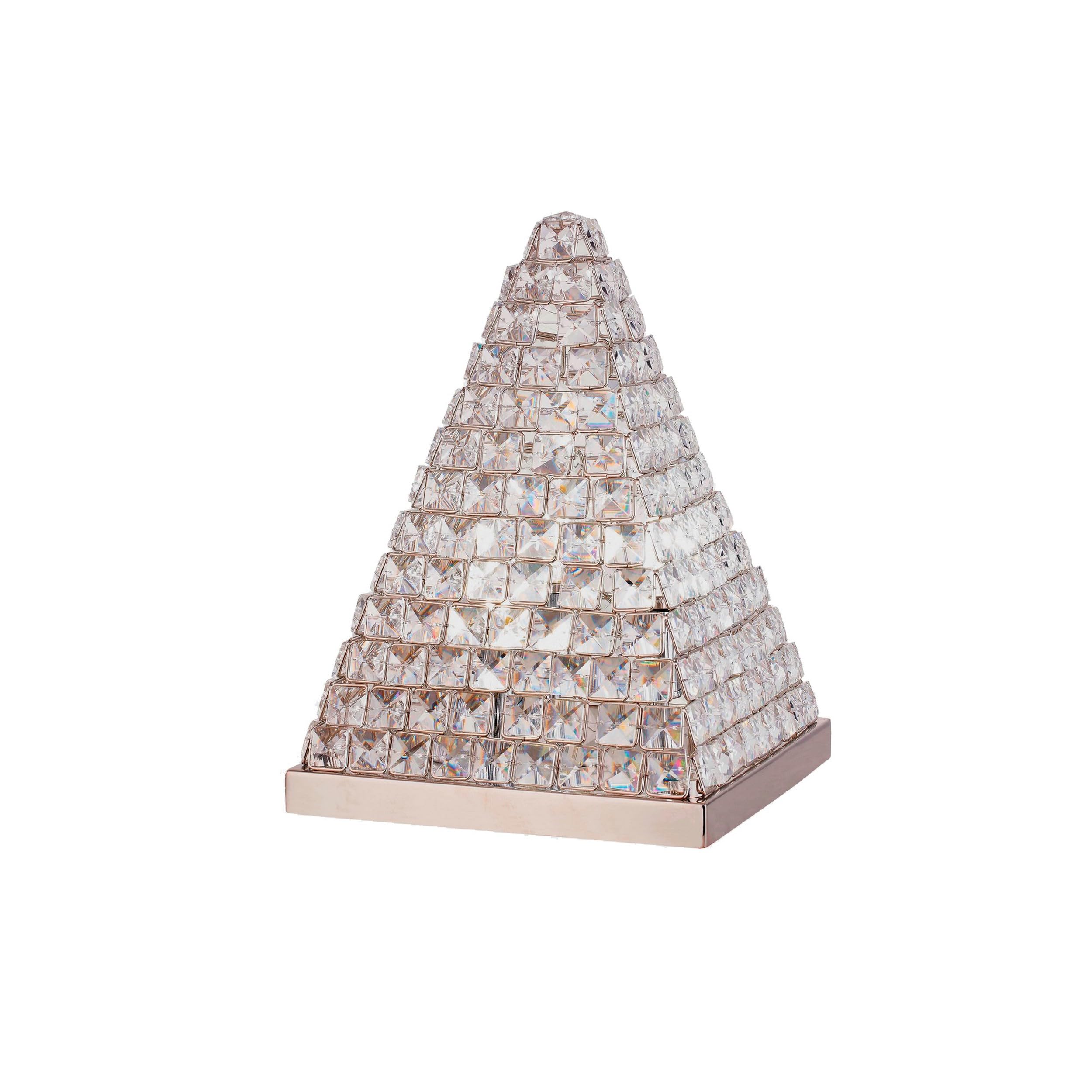 Benjara 14 Inch Table Lamp, Pyramid Shaped Frame, Stone Studded, Silver, Crystal, LED, Metal