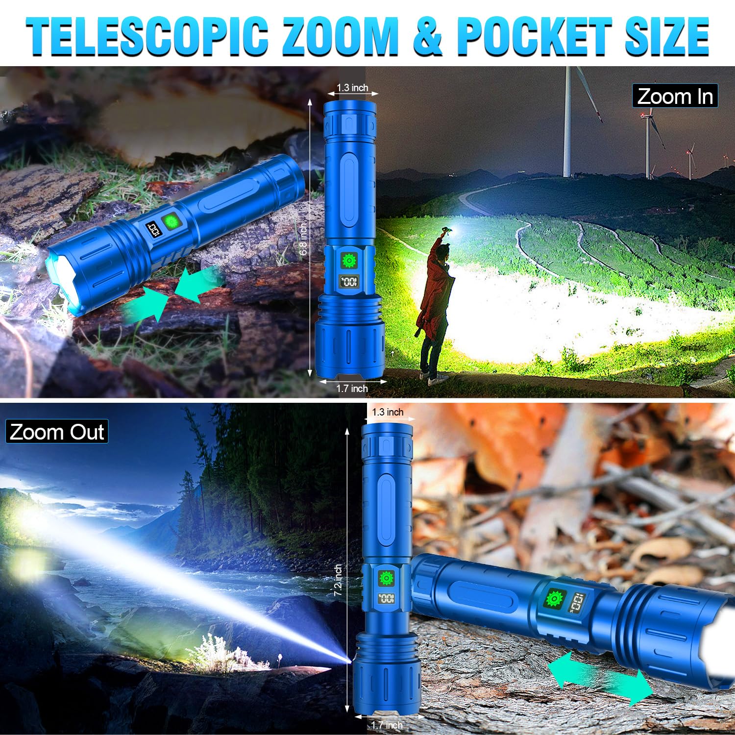 Flashlights High Lumens Rechargeable - 1500 Meters Long Beam Super Bright Led Flash Light With Power Display & Ipx5 Waterproof F