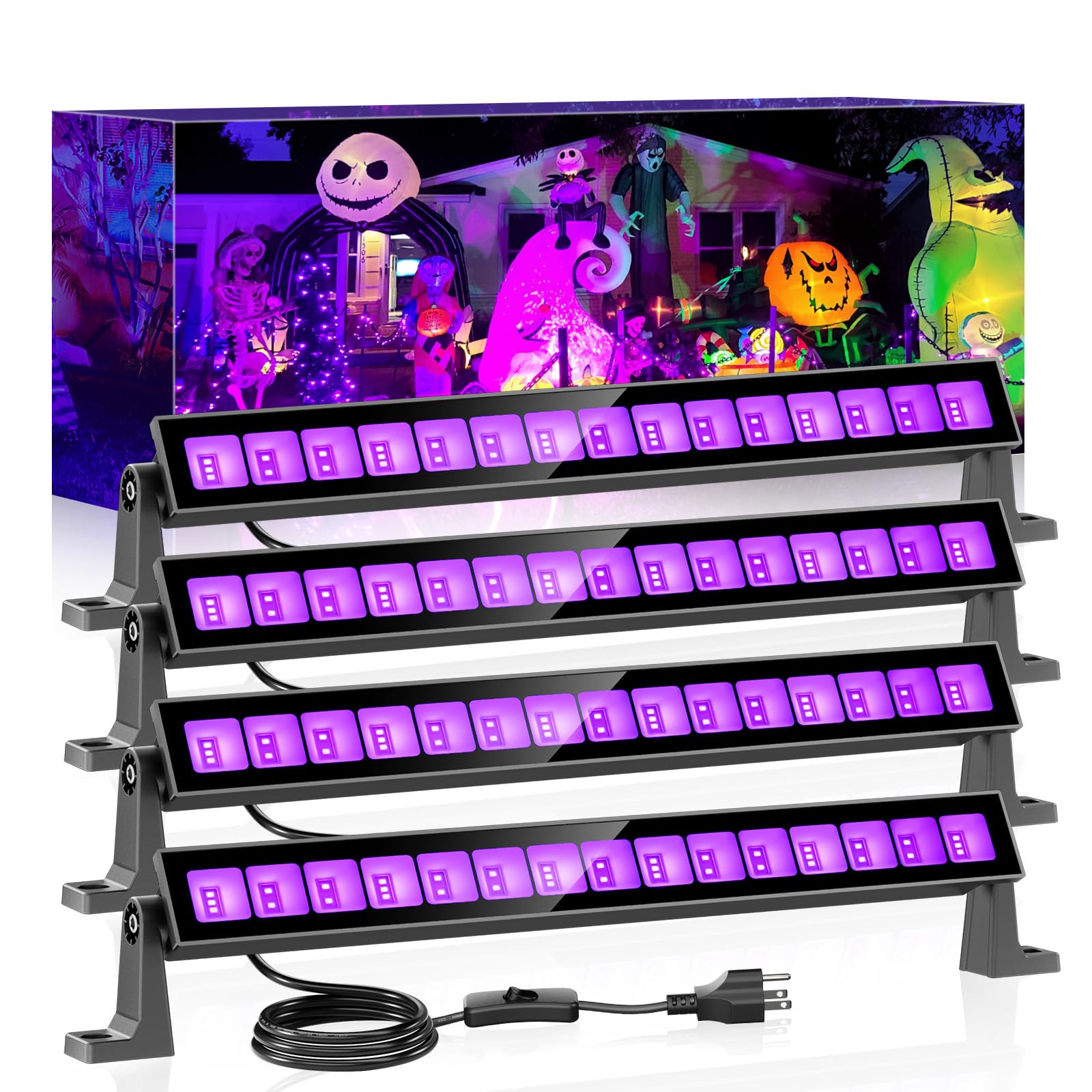 Meloght 45W Led Black Light Bar Black Lights For Glow Party Waterproof Blacklight With Plug & Switch  Halloween Light For Glow In The Dark Party Supplies Bedroom Body discomfort-reducingt Stage Lighting 4 Pack