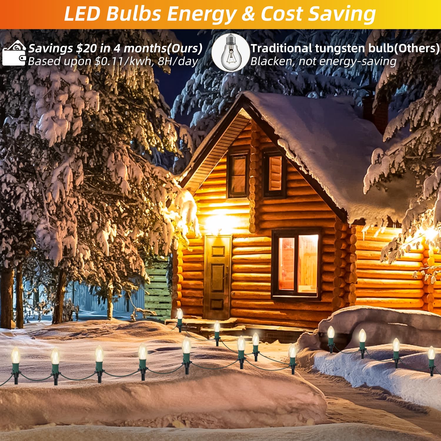 USOKYO C9 LED Christmas Pathway Lights, 45Ft, 30 Warm White Waterproof Bulbs, Connectable for Driveway, Yard, Lawn Decorations