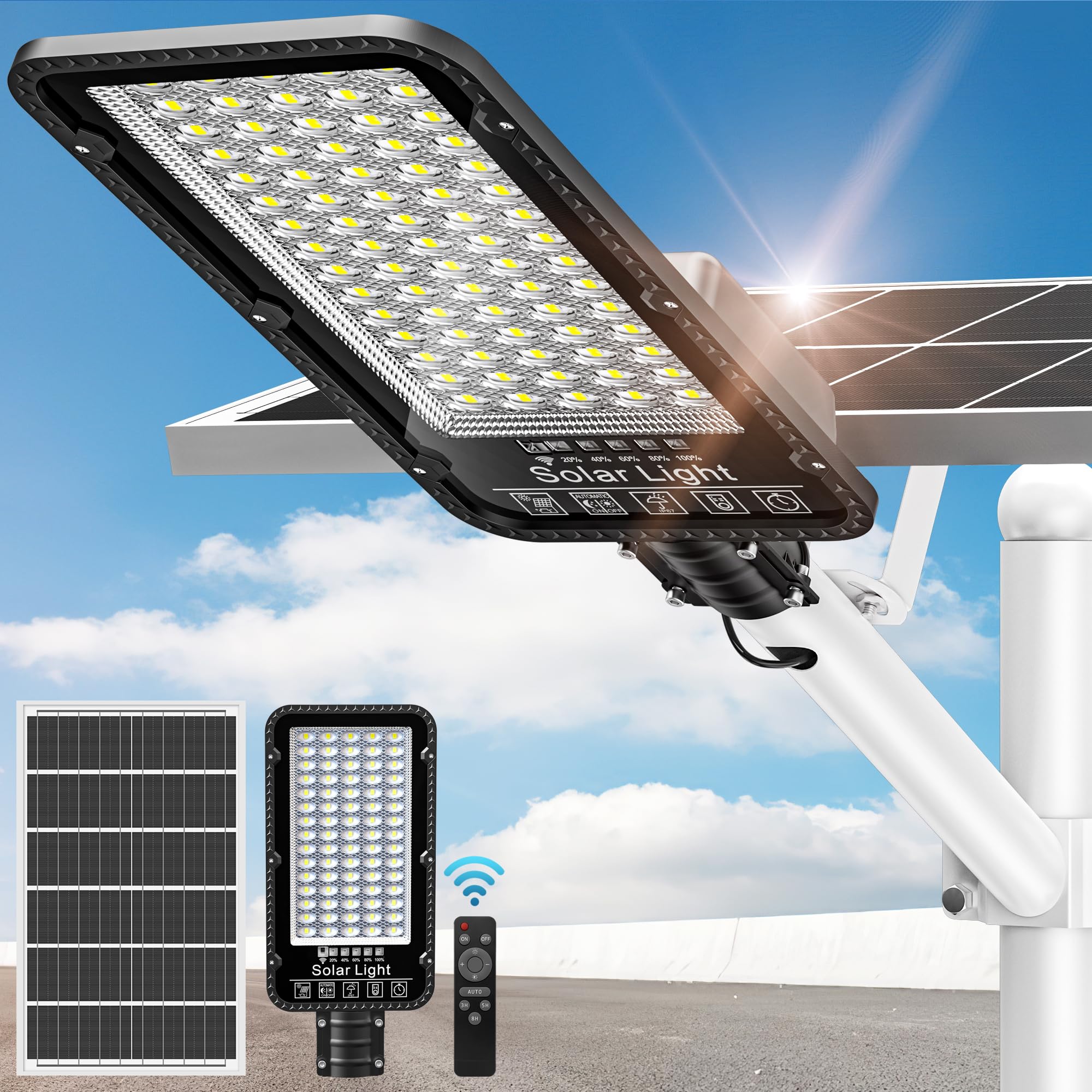 Okpro 9800W Solar Street Lights Outdoor - 6500K Commercial Parking Lot Lights Dusk To Dawn, Waterproof Solar Powered With Remote