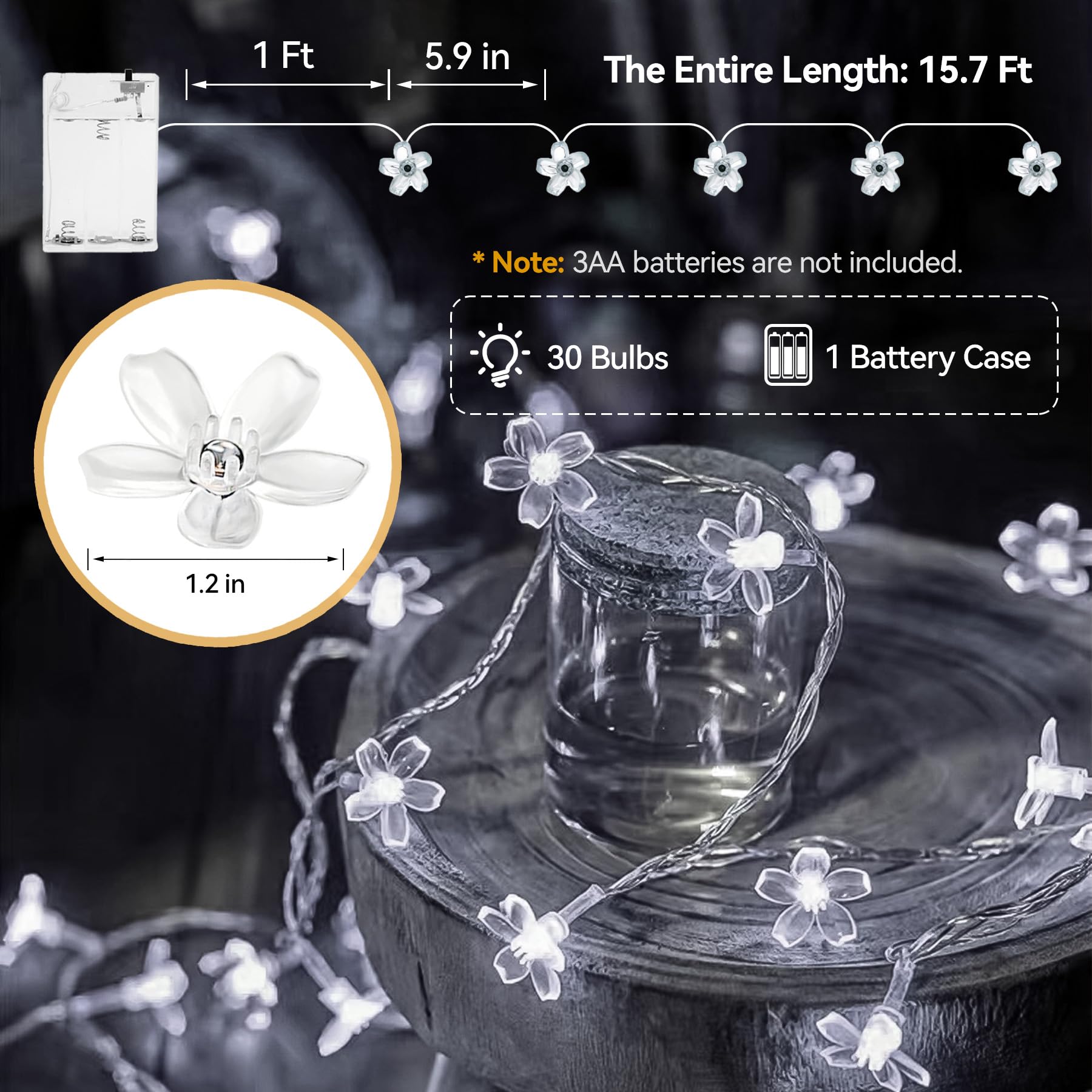LIGHTOP Flower Fairy Lights 30LED Battery Operated Waterproof Indoor String Lights Cool White for Parties, Garden, Bedroom