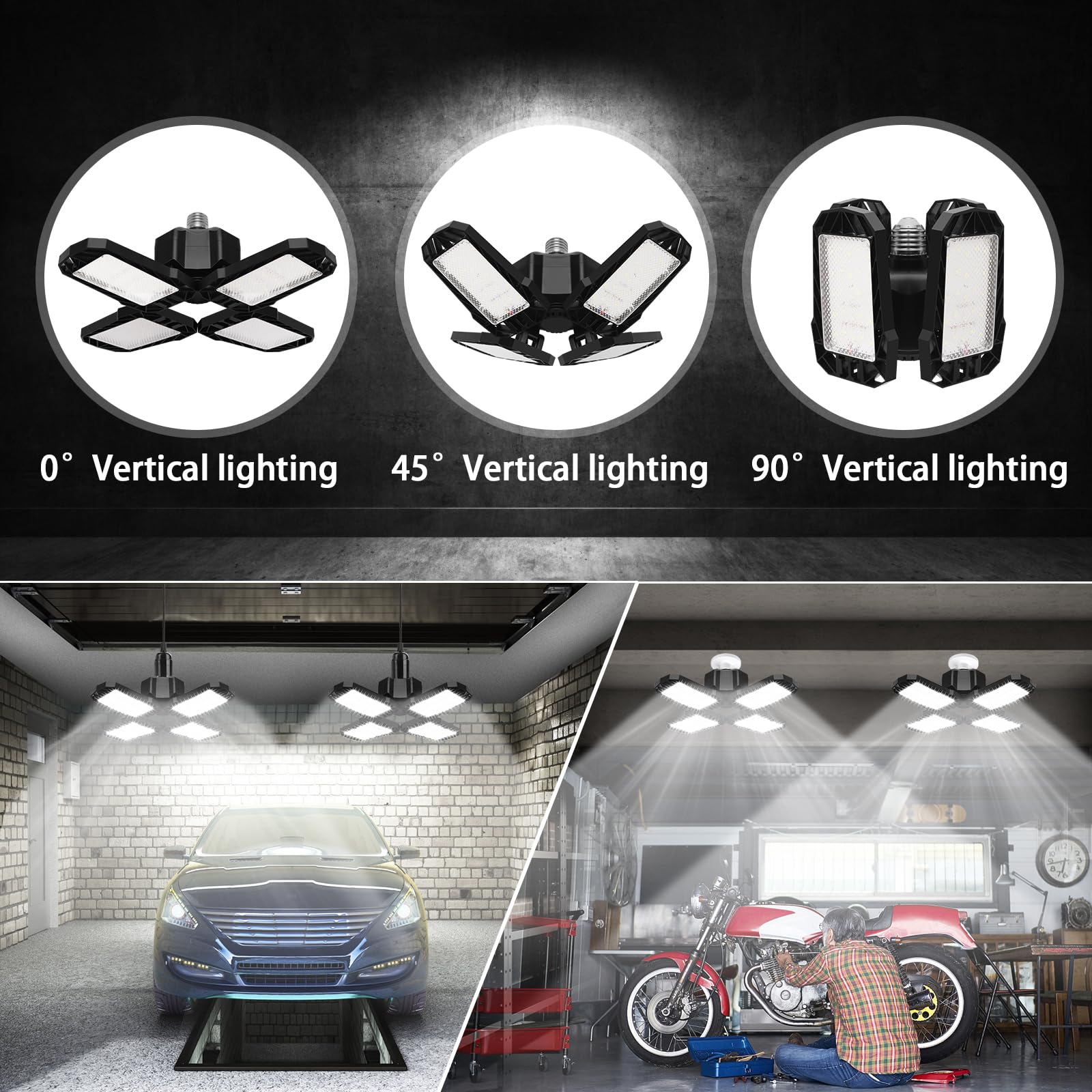 AUDLES 4 Pack LED Garage Light, 150W 15000LM, E26/E27 Socket, Deformable Panels, White/Black