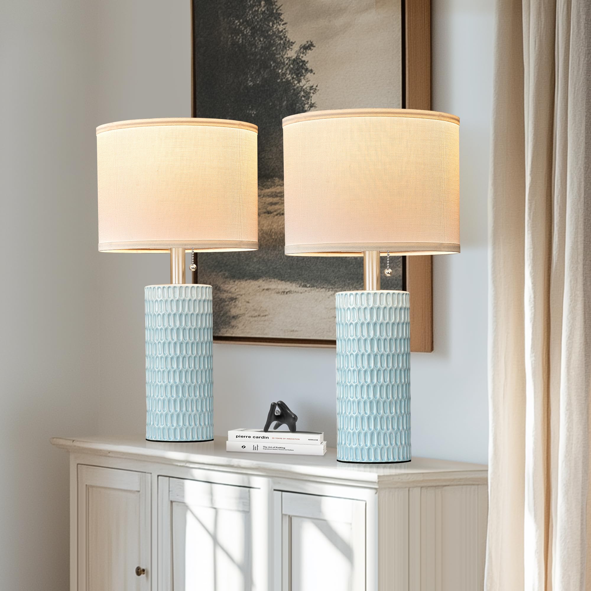 Reaketon Table Lamp Set of 2, Ceramic, 20in Sky Blue, Modern Design for Living Room, Bedroom & Home Office, Model 102-1TMBL