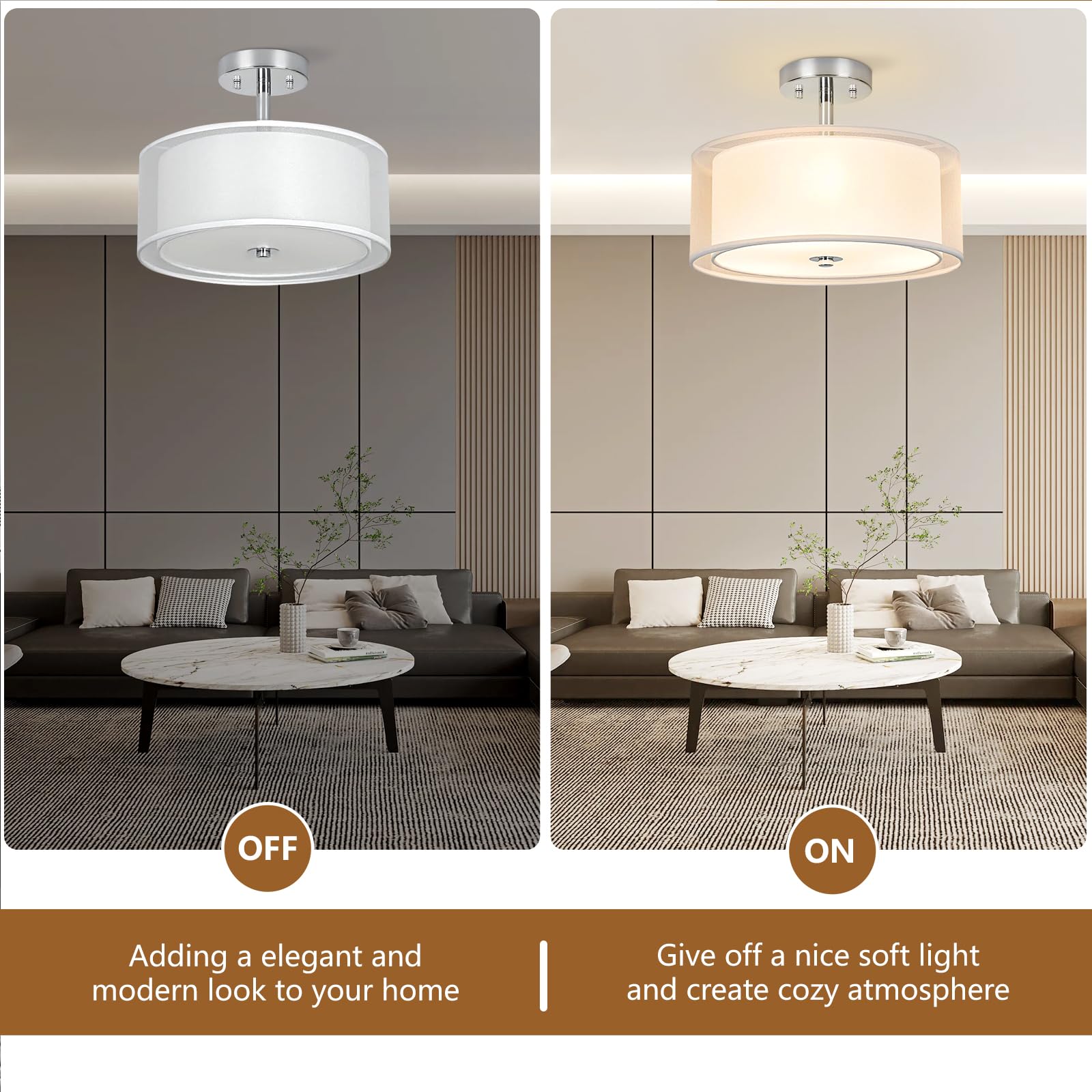 Ceiling Light, 3-Light Ceiling Light Fixture, Semi Flush Mount Ceiling Light, Light Fixtures Ceiling Mount With Double Fabric Shade, Bedroom Lights For Ceiling,White Ceiling Light Fixtures For Bedroom