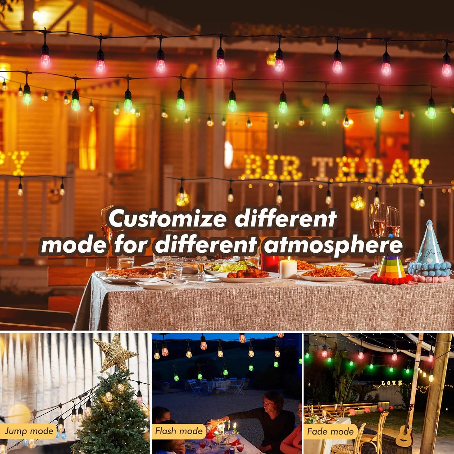 IPStank Solar Outdoor String Lights, 96FT, 30 Dimmable RGB Edison Bulbs, Waterproof, Multicolor, Model YGM-S14-15S