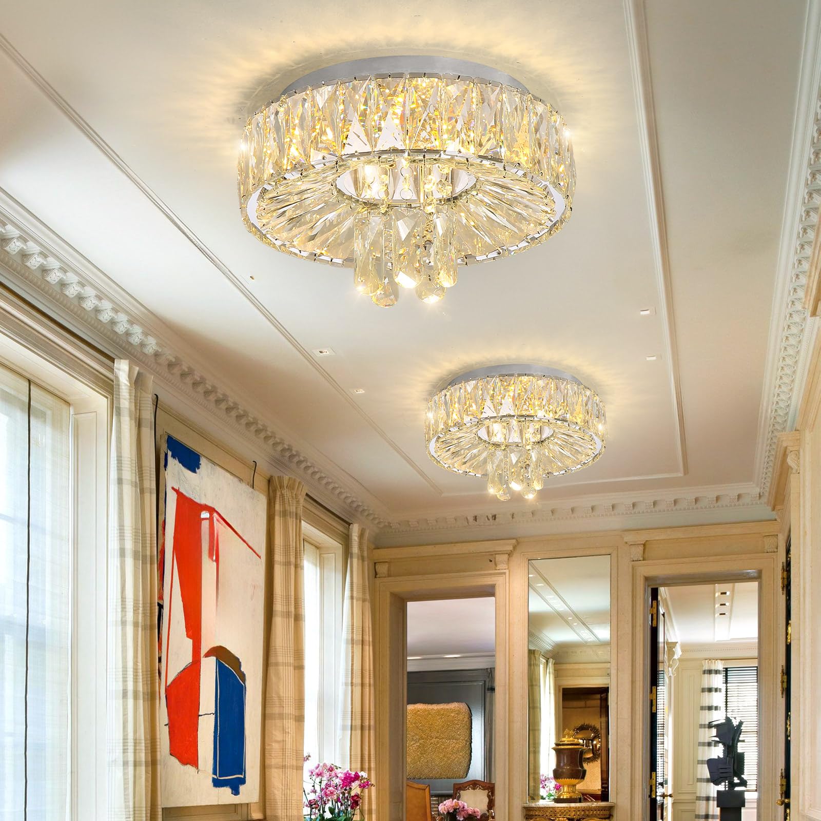 dolria Modern LED Chandeliers, 53.7'' Dimmable Crystal Flush Mount, Silver, Model PC1019-140S for Living Room, Foyer, Bedroom