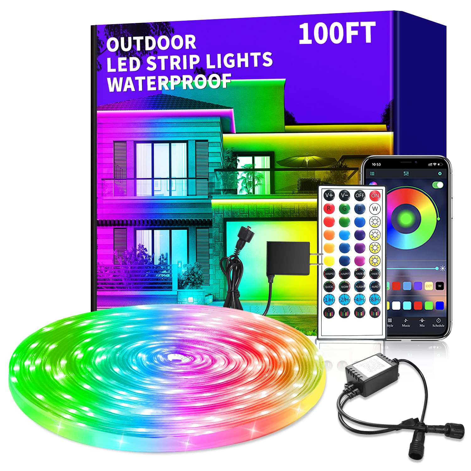 vimeepro LED Strip Lights 100ft Waterproof RGB Music Sync Remote Control, Dimmable Plastic Rope Light for Outdoor Indoor Use