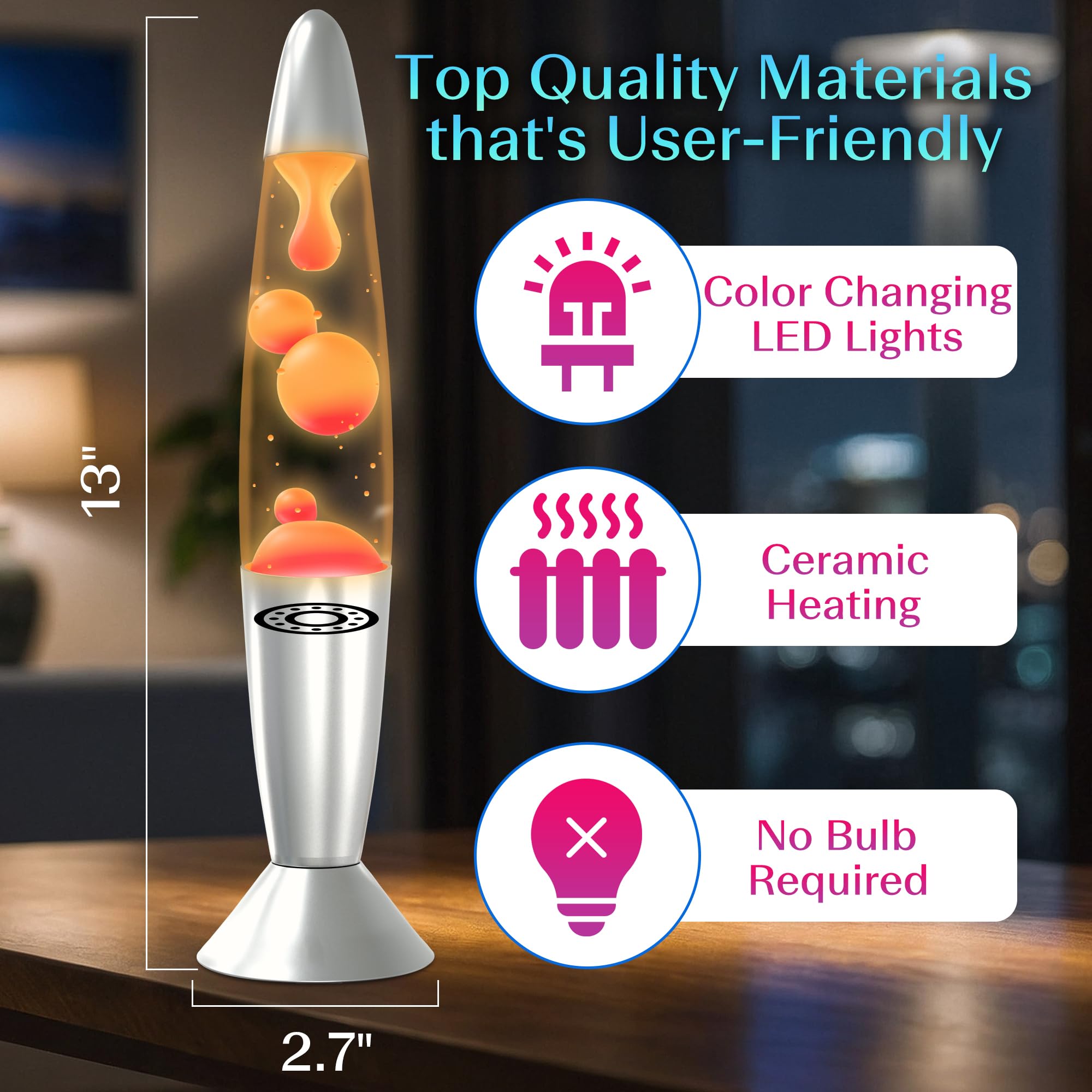 JAMBO 7-Color LED Motion Lamp, 13" Relaxing Night Light, Aluminum, Model led1617, Remote Control, Home Decor