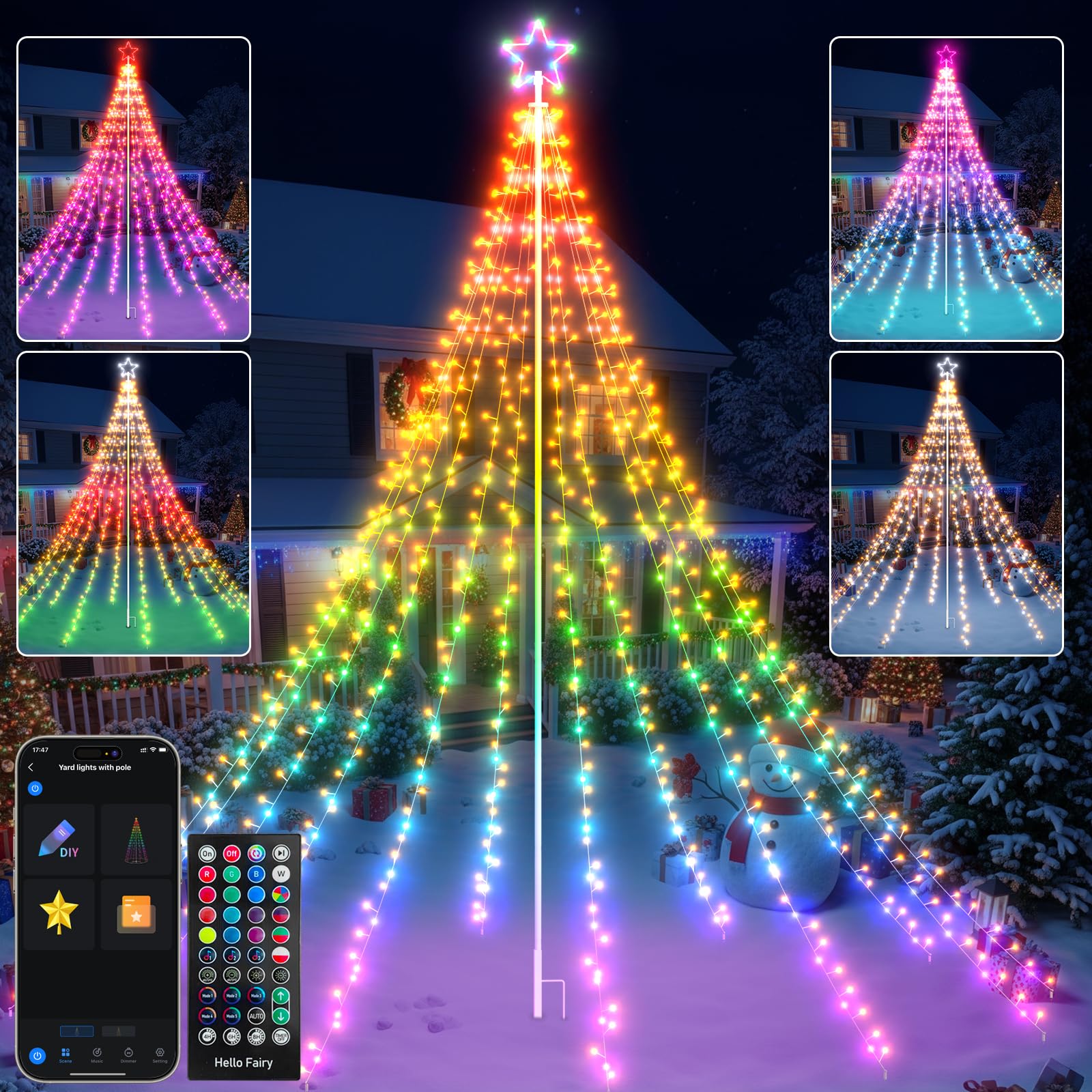 12FT 740LEDs Smart Outdoor Christmas Tree Lights With Sturdy Iron Pole, App Control DIY Color Changing, Music Sync, Timer, 100+ 