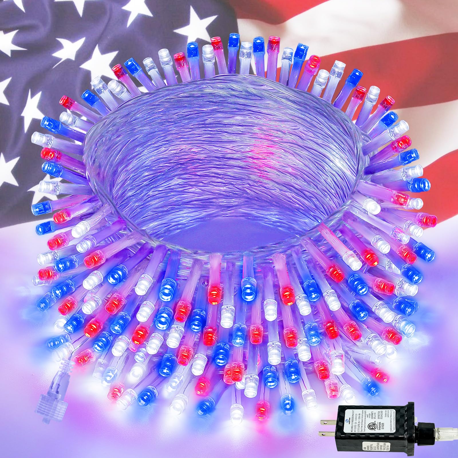 Kaq Red White & Blue Lights 115Ft 300Led 4Th Of July Decorations Outdoor/Indoor  Extendable Plug-In Twinkle Fairy Lights Waterproof With 8 Modes&Timer Independence Day Patriotic Tree Decorations