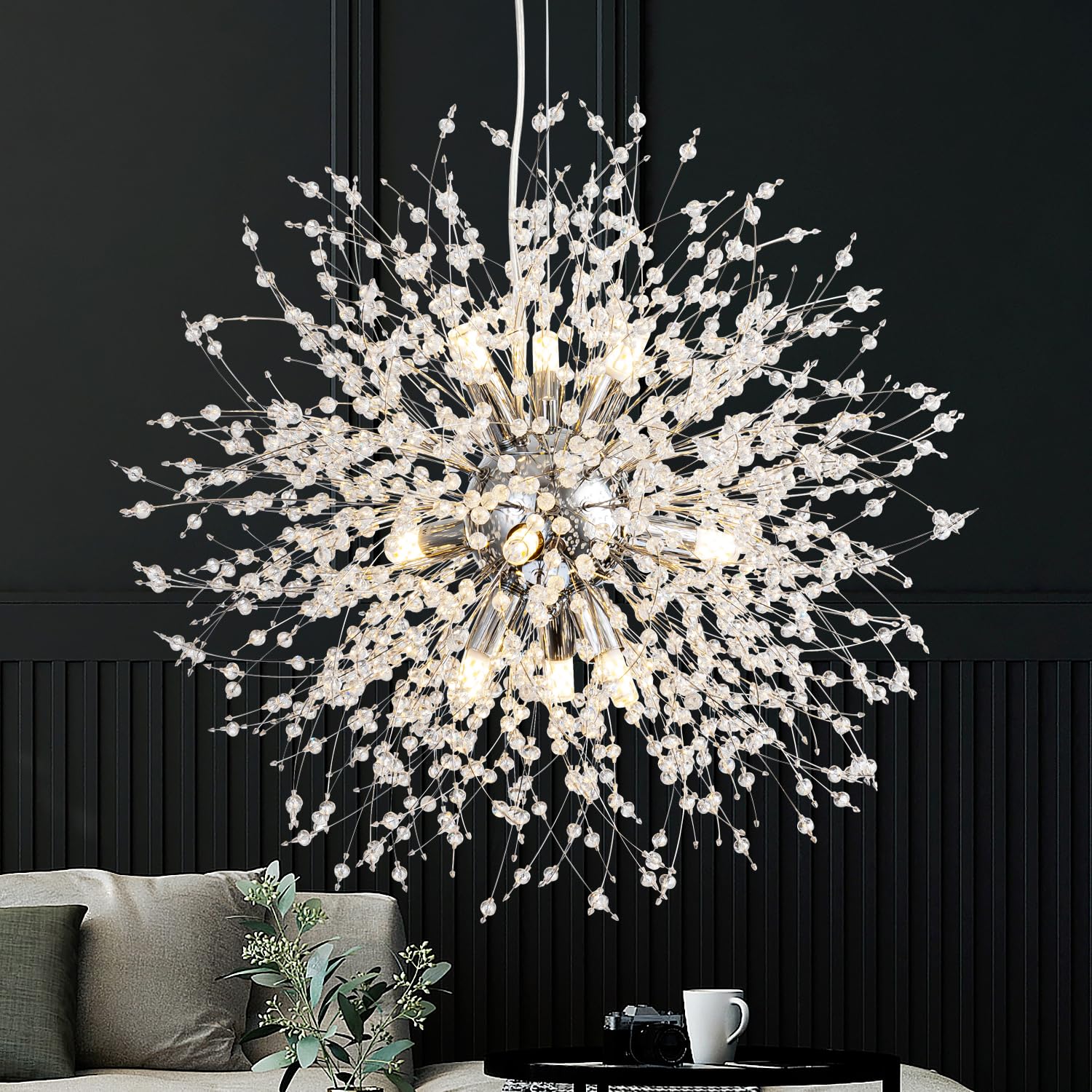SineRise Modern Crystal Chandeliers Firework, Crystal Light Fixture, Dandelion Chandelier (9-Light, Chrome) for Foyer Hallway Entryway Kitchen Bedroom (Bulbs Not Included)