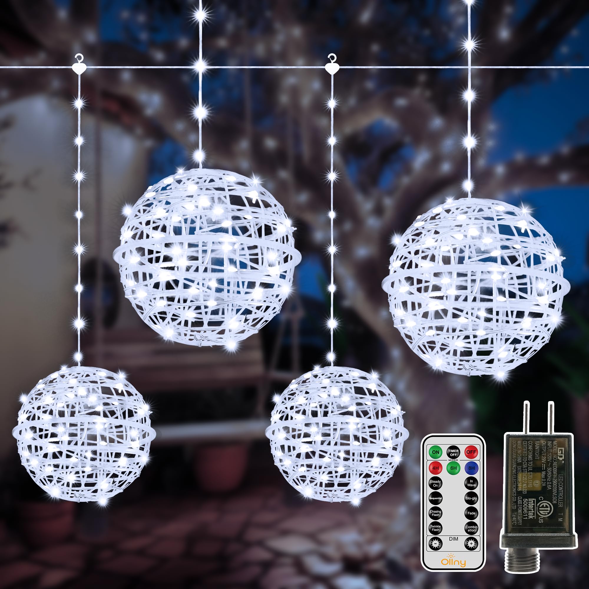Ollny Christmas Lights Outdoor 4Pack 7.87Inch, Cool White 200 Led Ball Light With Plug In Remote, 8 Modes Ip67 Waterproof Connec