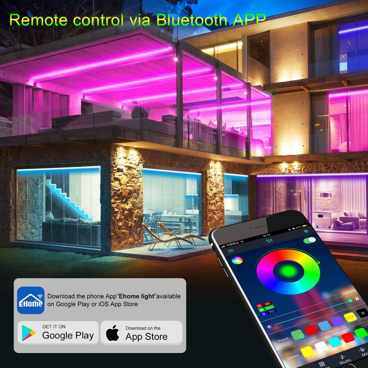 Micomlan 50Ft/15M Led Strip Lights, Music Sync Color Changing Rgb Led Strip Lights Built-In Mic, Bluetooth App Controlled Rope L