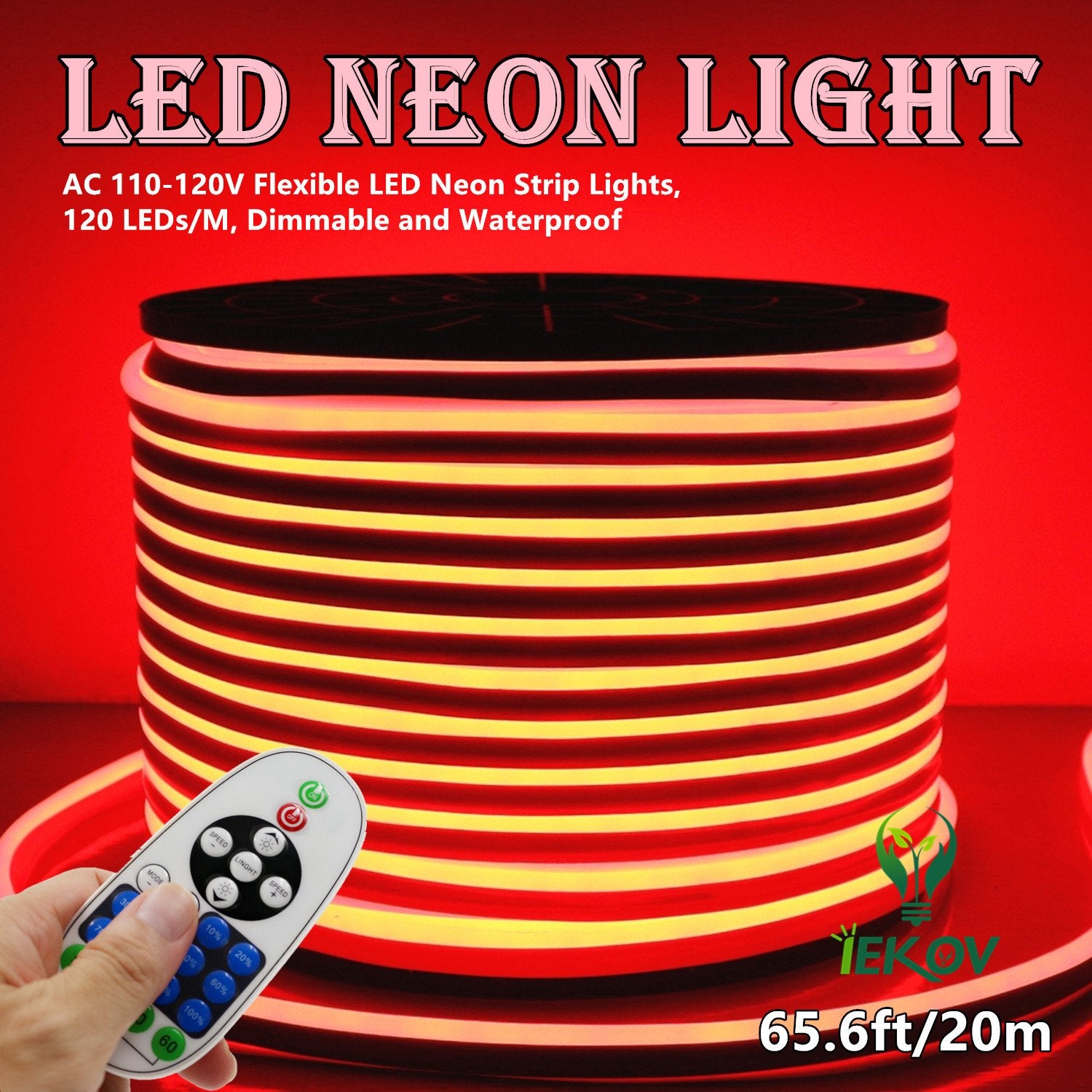 IEKOV LED Neon Light, Dimmable Waterproof Rope Light, 20m/65.6ft, Red, Flexible 2835 SMD, Model NEON LIGHT-R-20M