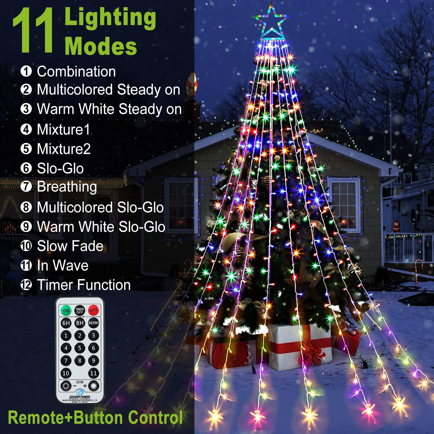 Cerflyer 320 Led Christmas String Lights, 11.5 Ft Waterfall With Star Topper, 8 Light Modes