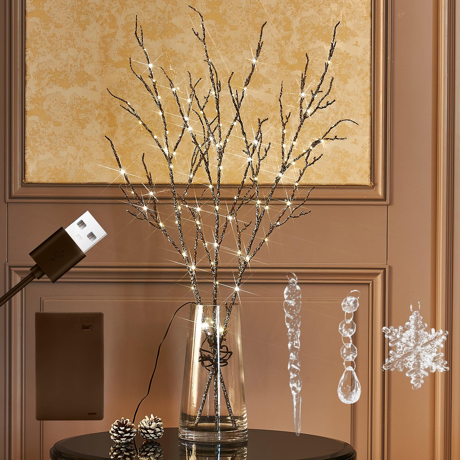 Fudios Lighted Willow Branches Christmas Glitter Battery Operated 32IN 120 LED Fairy Lights, Brown Branch Lights for Home Holida