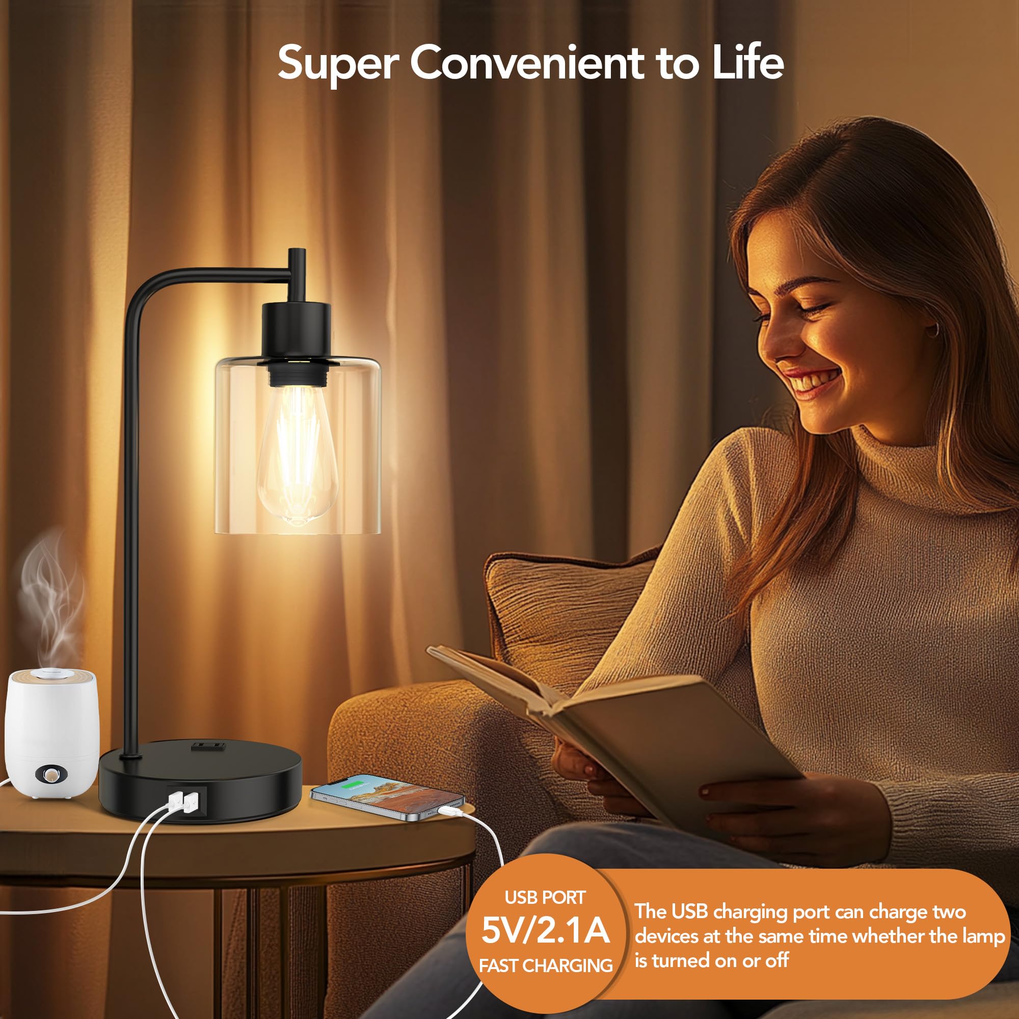 QiMH 3-Way Dimmable Touch Control Table Lamp with 2 USB Ports & AC Outlet, Black Glass Desk Lamp for Bedroom & Office