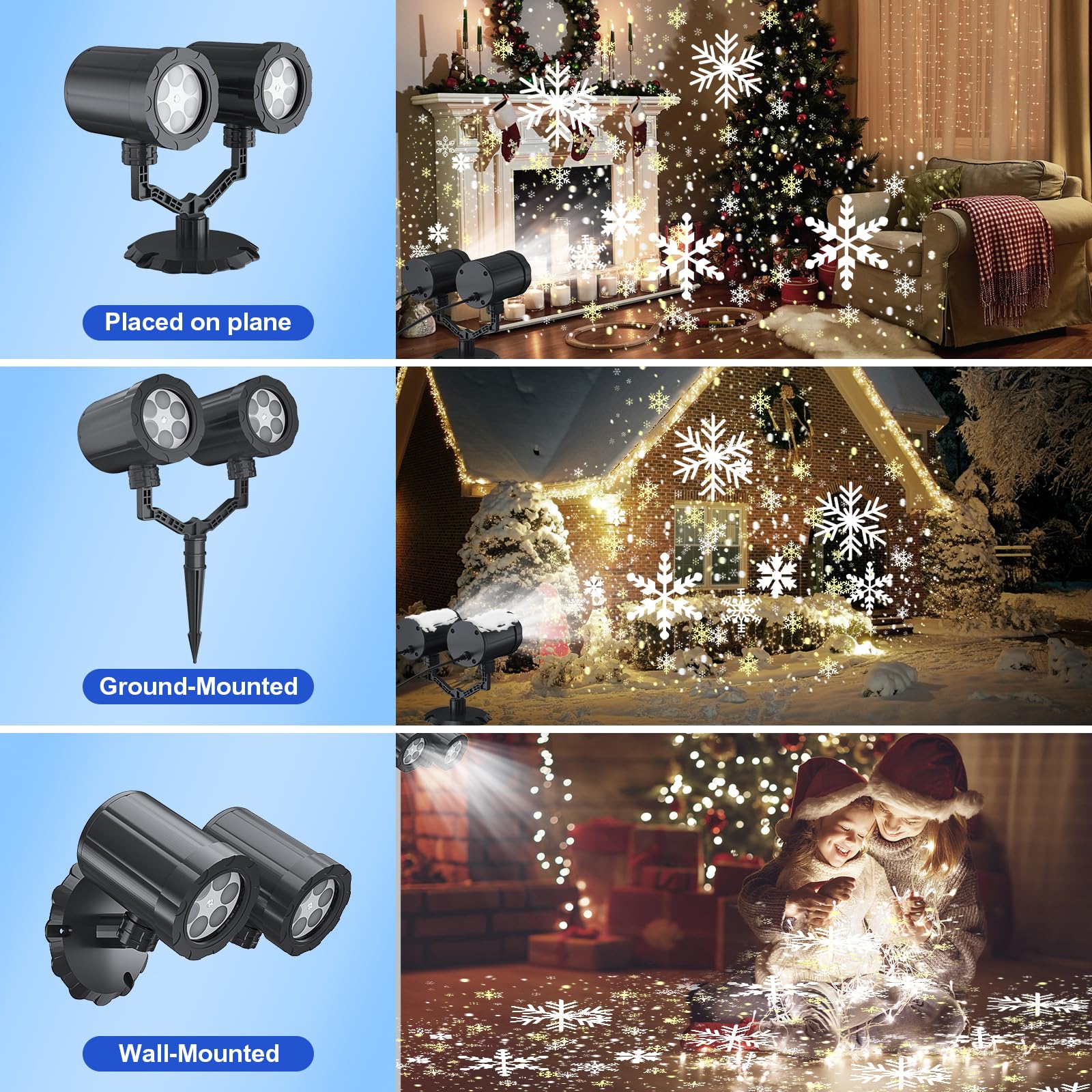 Double Head 360 Rotating Dynamic Snowflake Christmas Spotlights, Ip65 Waterproof Snowfall Projector Led Lighting For Indoor/Outd