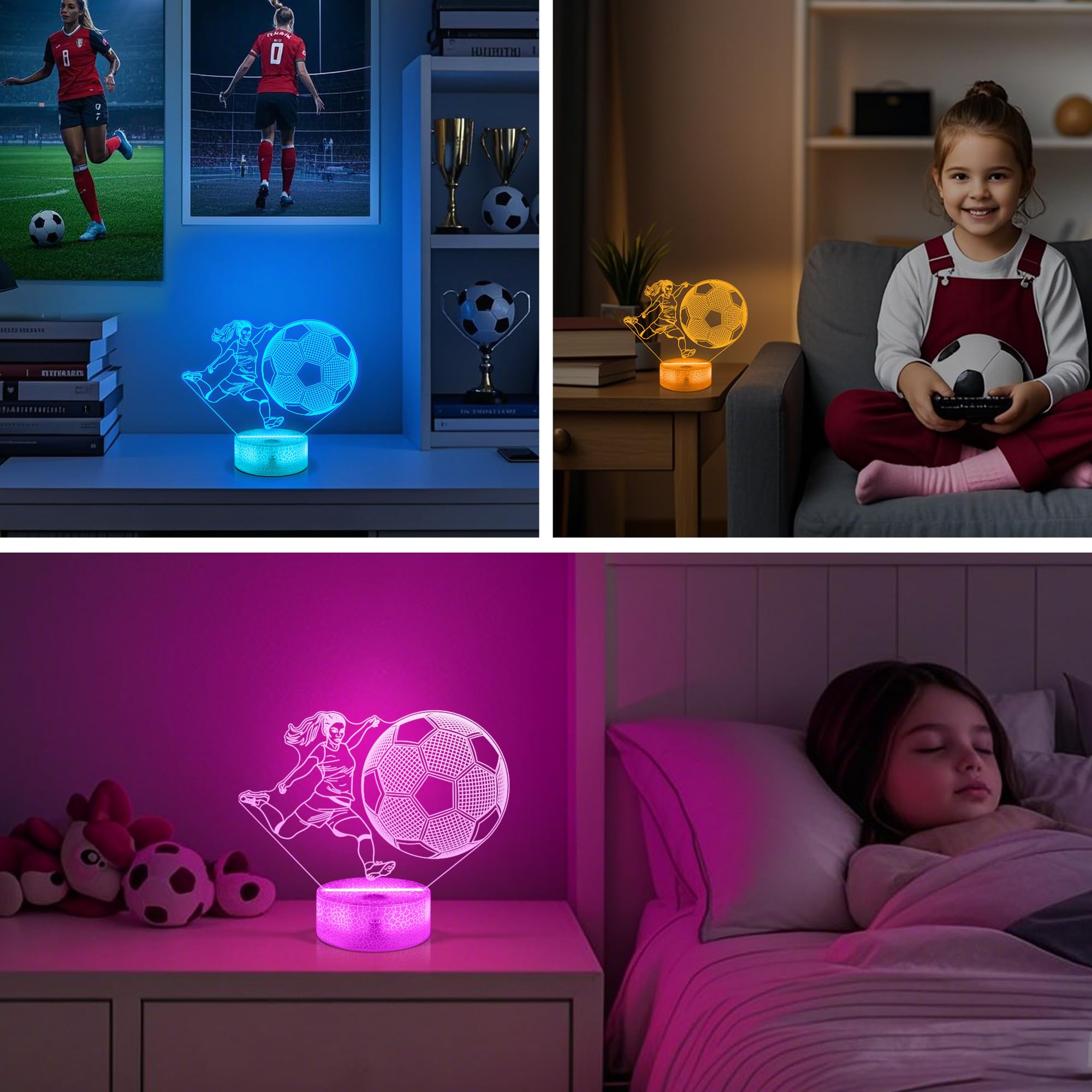 Soccer Gifts For Girls Bedroom Decor Light Up Soccer 3D Illusion Lamp Night Light With 16 Colors Remote Football Accessories Birthday Xmas Gifts For Best Friends Sister Daughter Sports Fan Lover