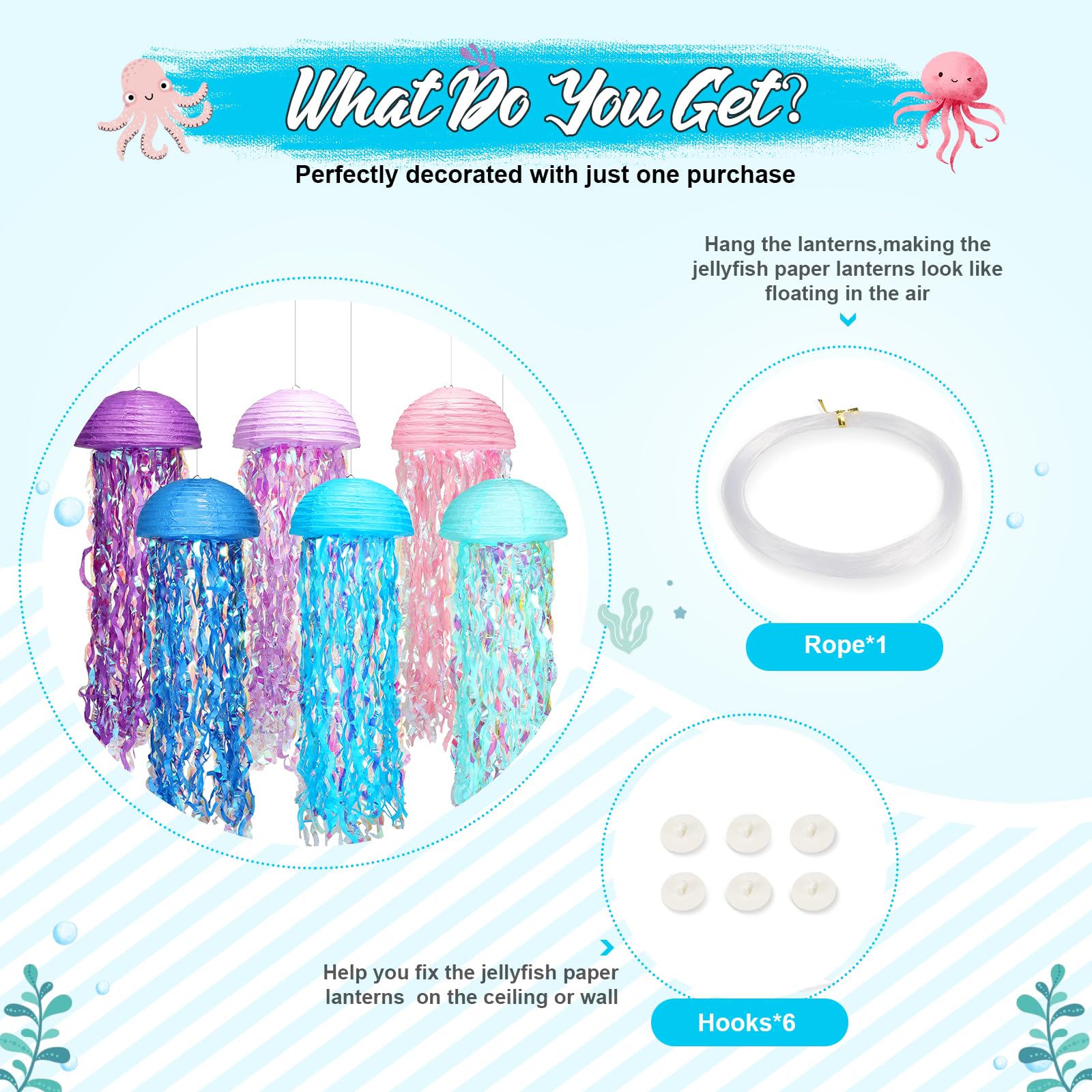 Pink Blue Purple Jellyfish Paper Lanterns, Under The Sea Party Decorations With Hooks+Rope, Hanging Jellyfish Paper Lanterns For