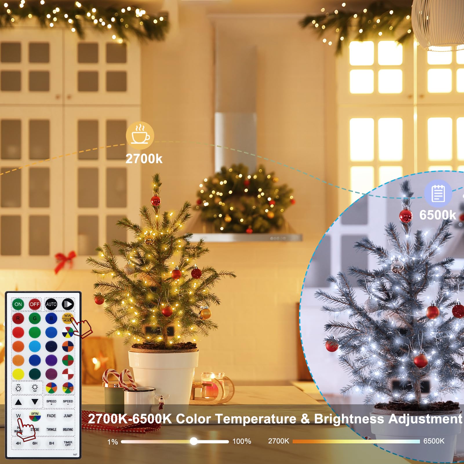 echosari 2 Pack Fairy Lights, 66Ft 200 LED RGB Color Changing & Warm White, Copper Wire, Model ES-String Lights